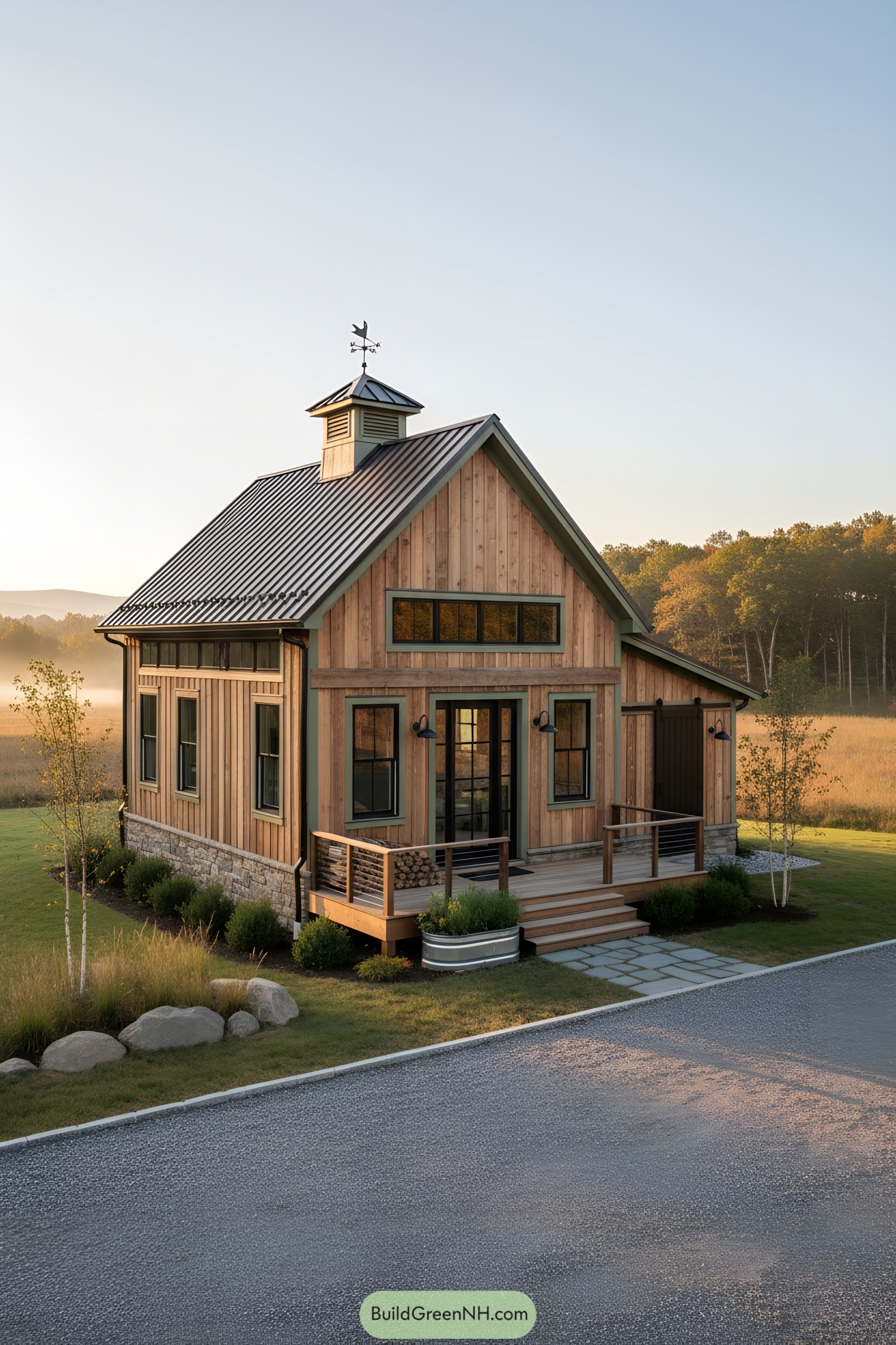 Tiny barn house with wood siding, metal roof, and cupola at sunrise