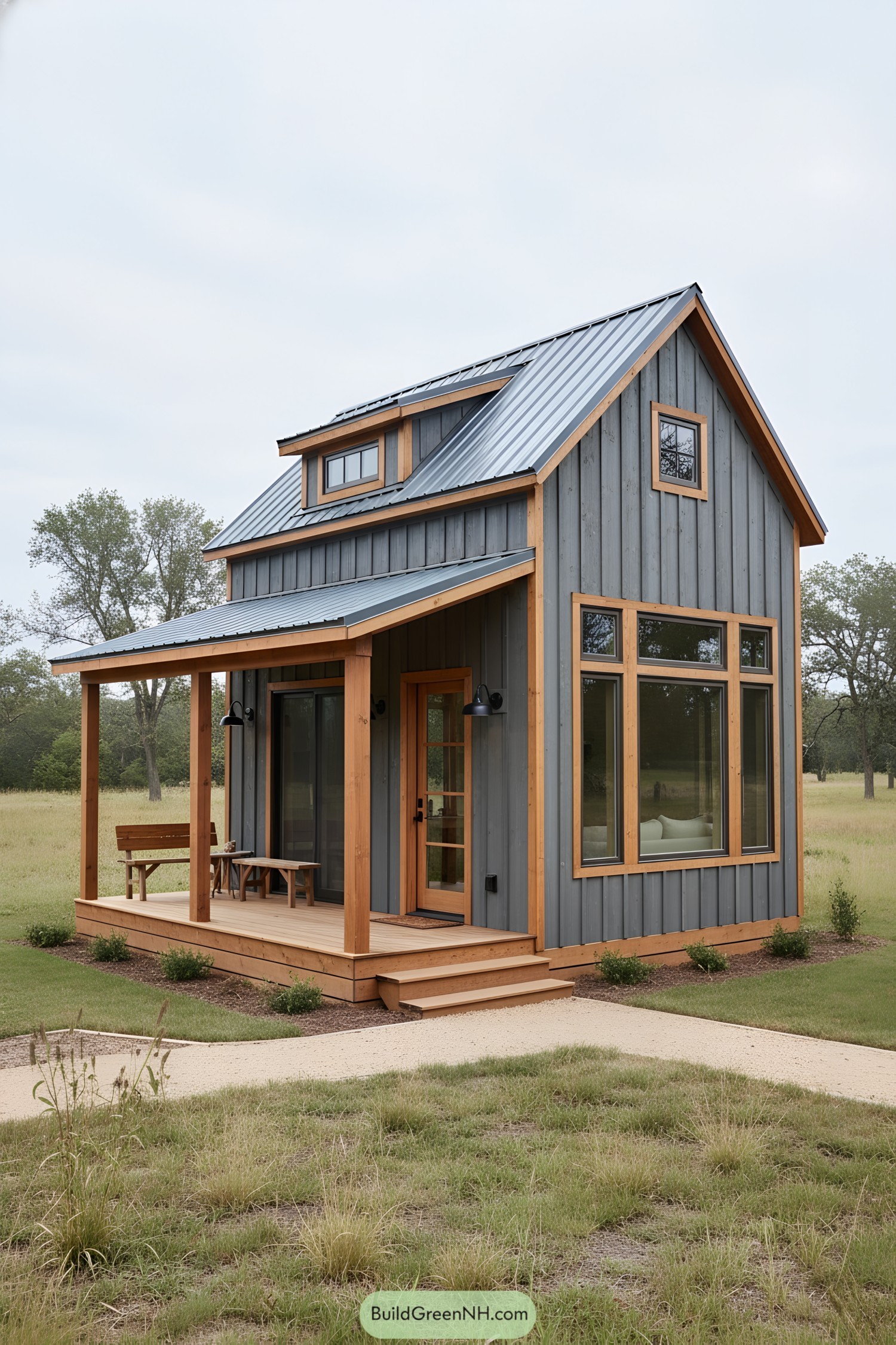 Small gray barn-style tiny house with metal roof and timber trim, front porch, and large windows