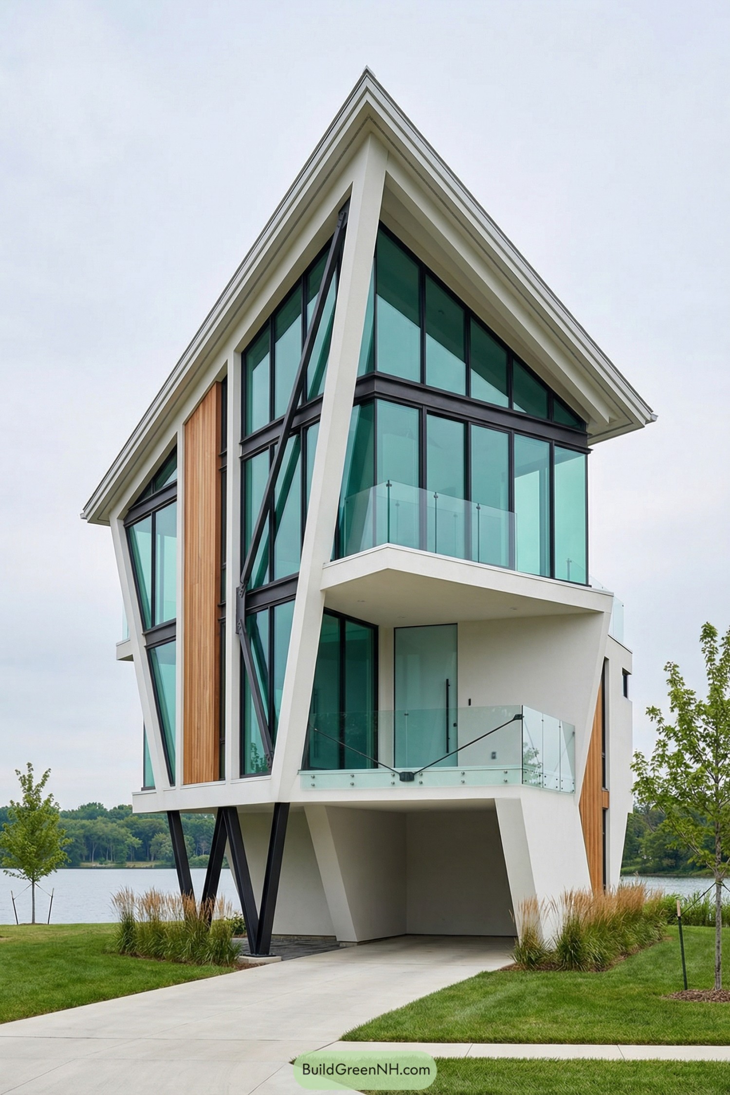 Angular glass tiny house with cantilevered balconies
