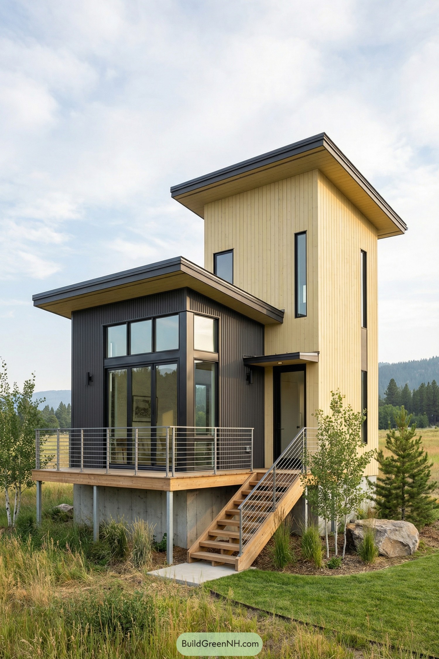 Modern tiny house with tall tower and wraparound deck