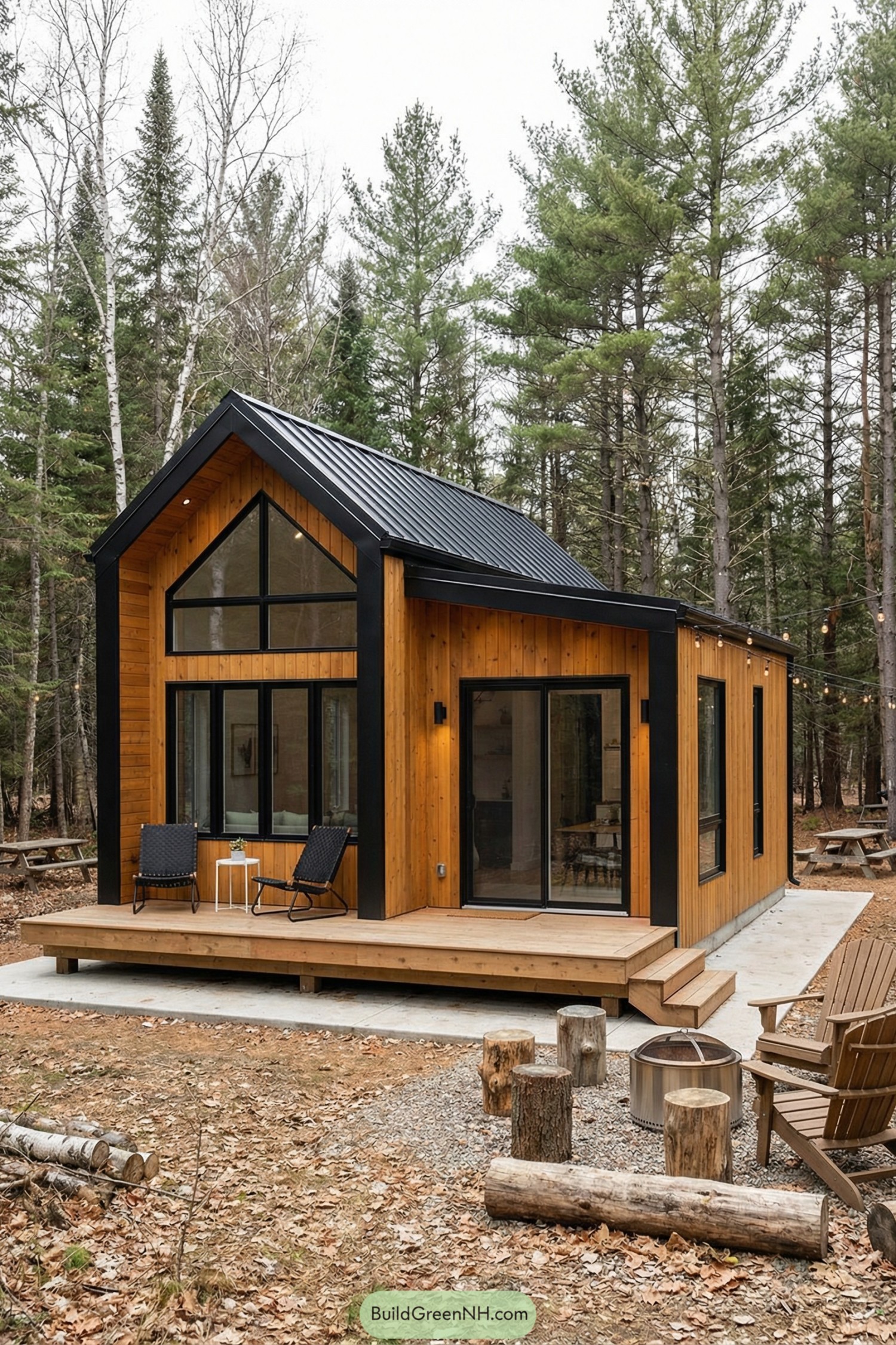 Tiny gabled cabin with cedar cladding and black metal trim, large glass front, and wrap deck in a forest setting