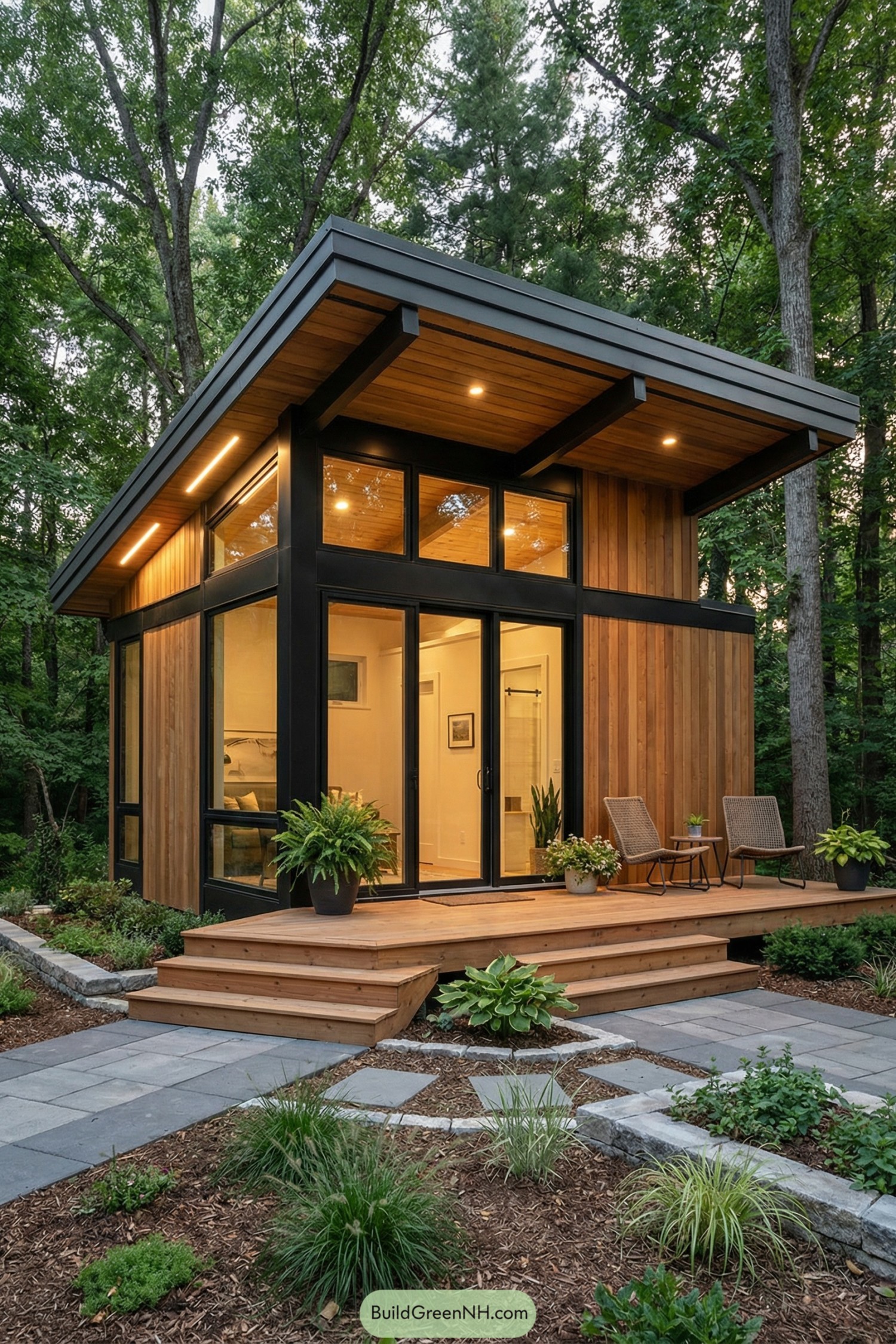 Tiny modern cabin with cedar siding and black-framed glass
