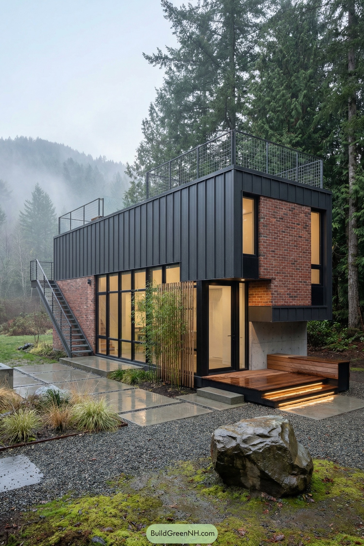 Modern tiny house with brick and black metal siding nestled in a misty forest