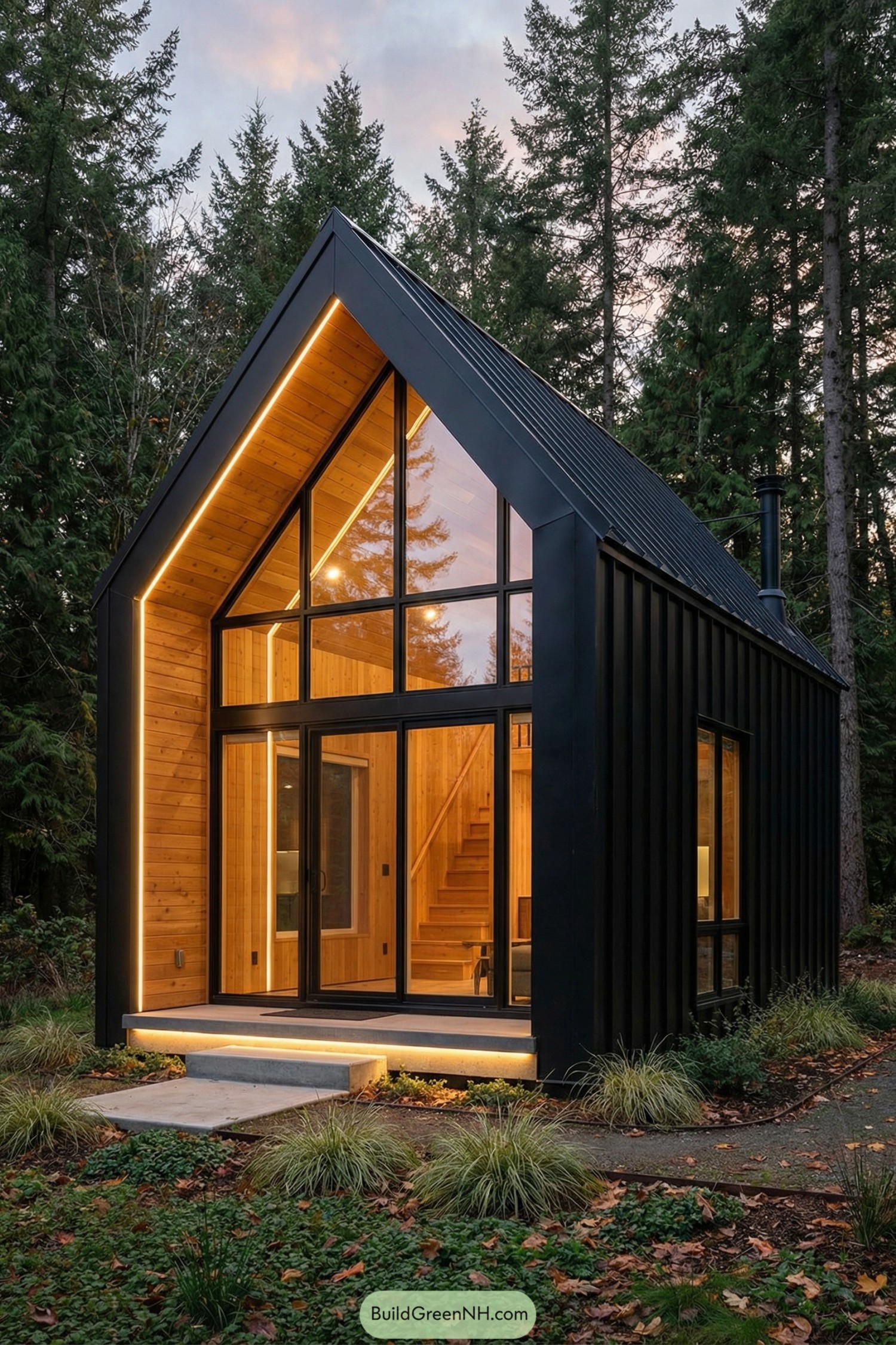 Black metal tiny house with glass gable and warm wood interior