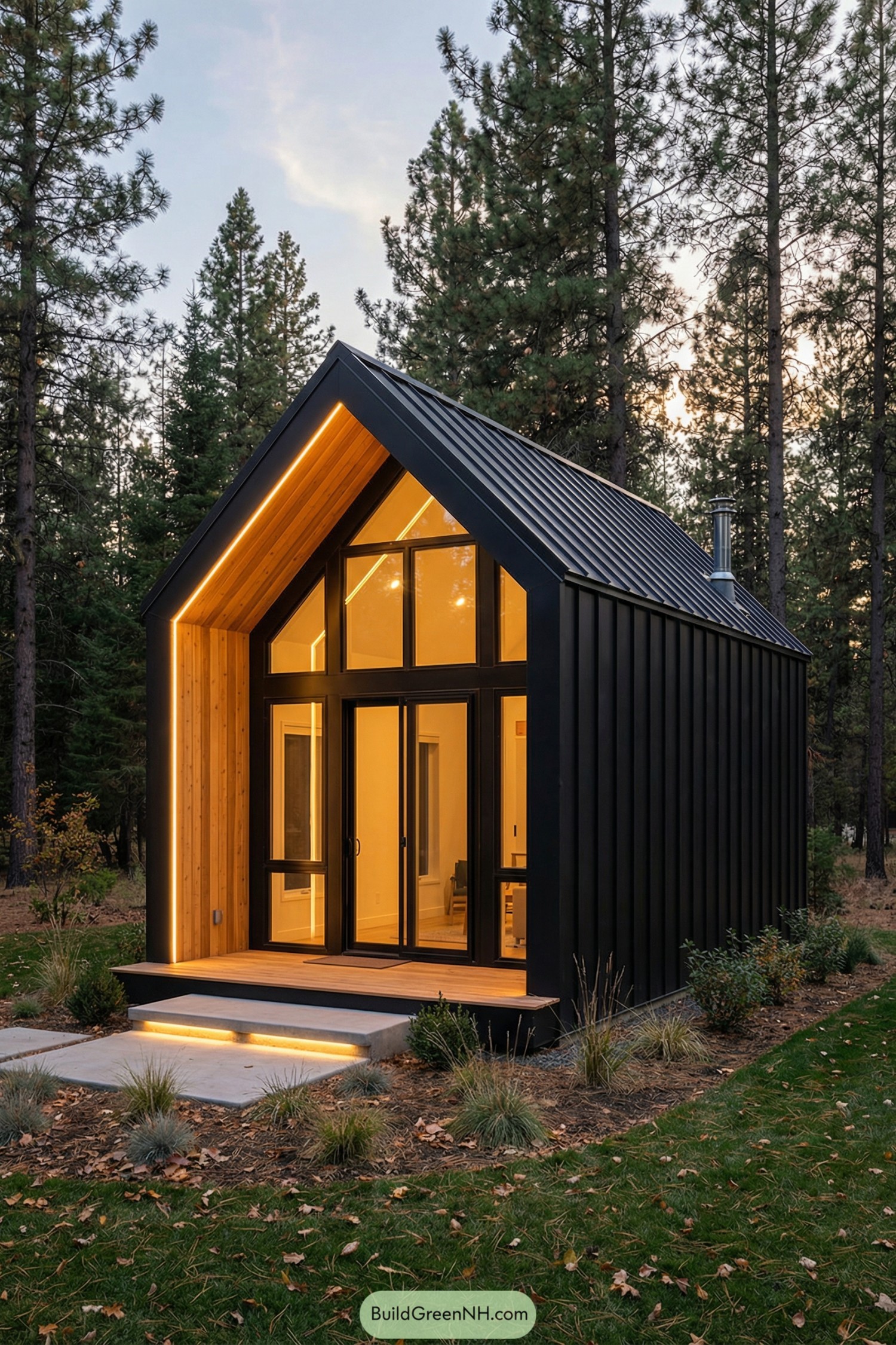 Tiny black-clad gabled cabin with warm wood entry and large glass front nestled among tall pines at dusk