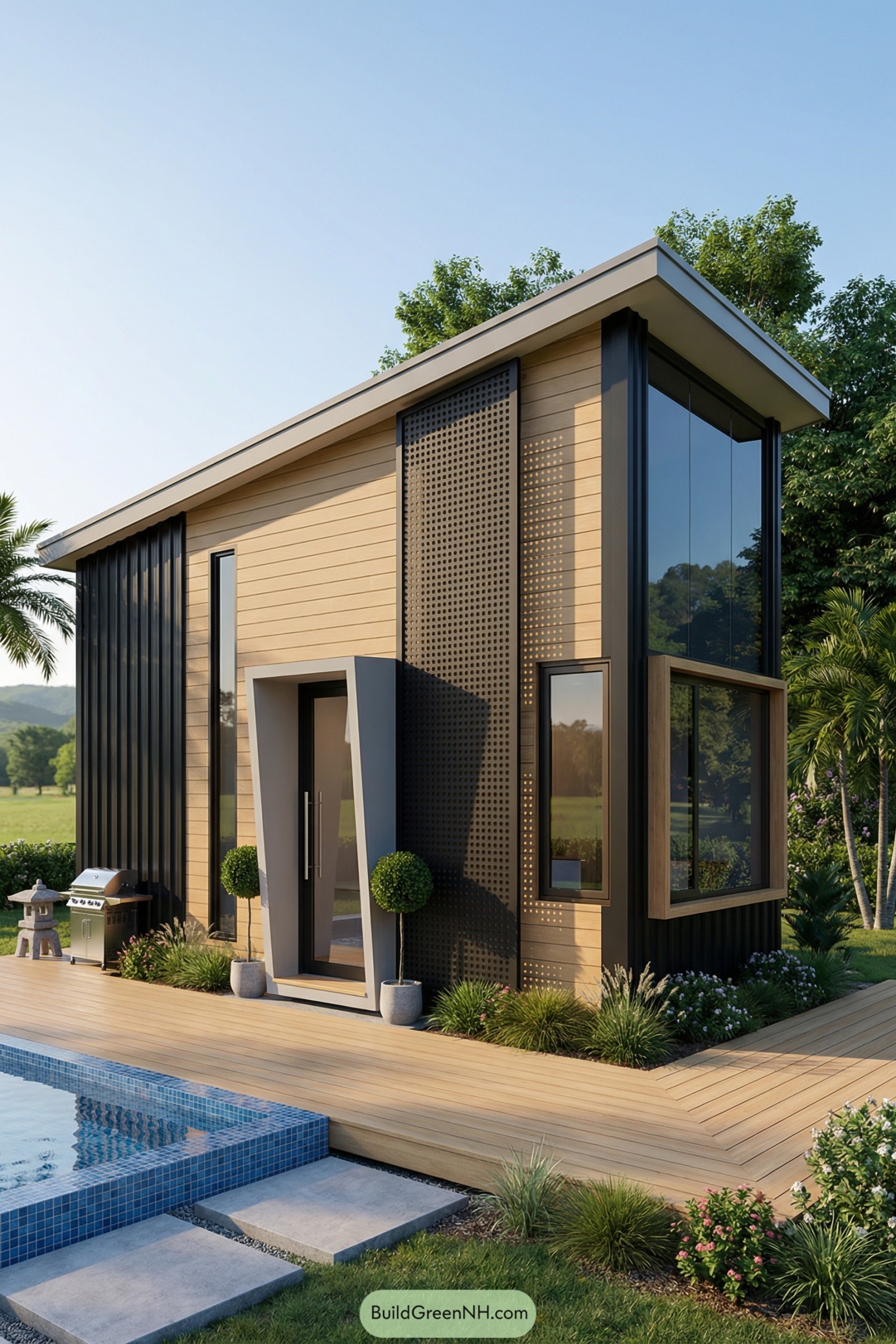 Tiny house with sloped roof, perforated screen, and expansive corner glazing beside a pool deck