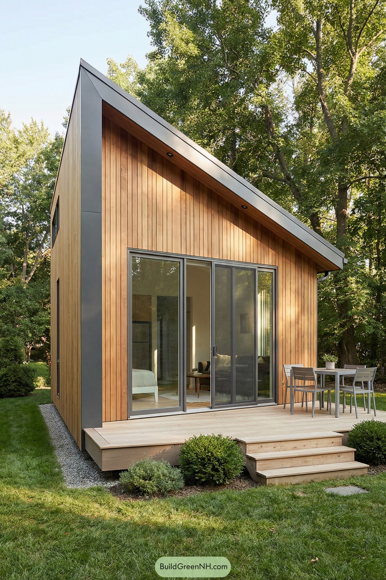 Compact wood-clad tiny house with sloped roof and large sliding glass doors opening to a small deck and patio set, surrounded by trees