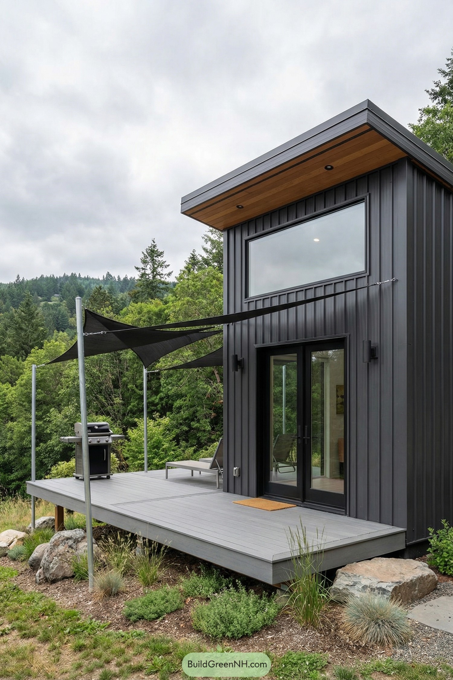 Modern tiny house with deck and canopy