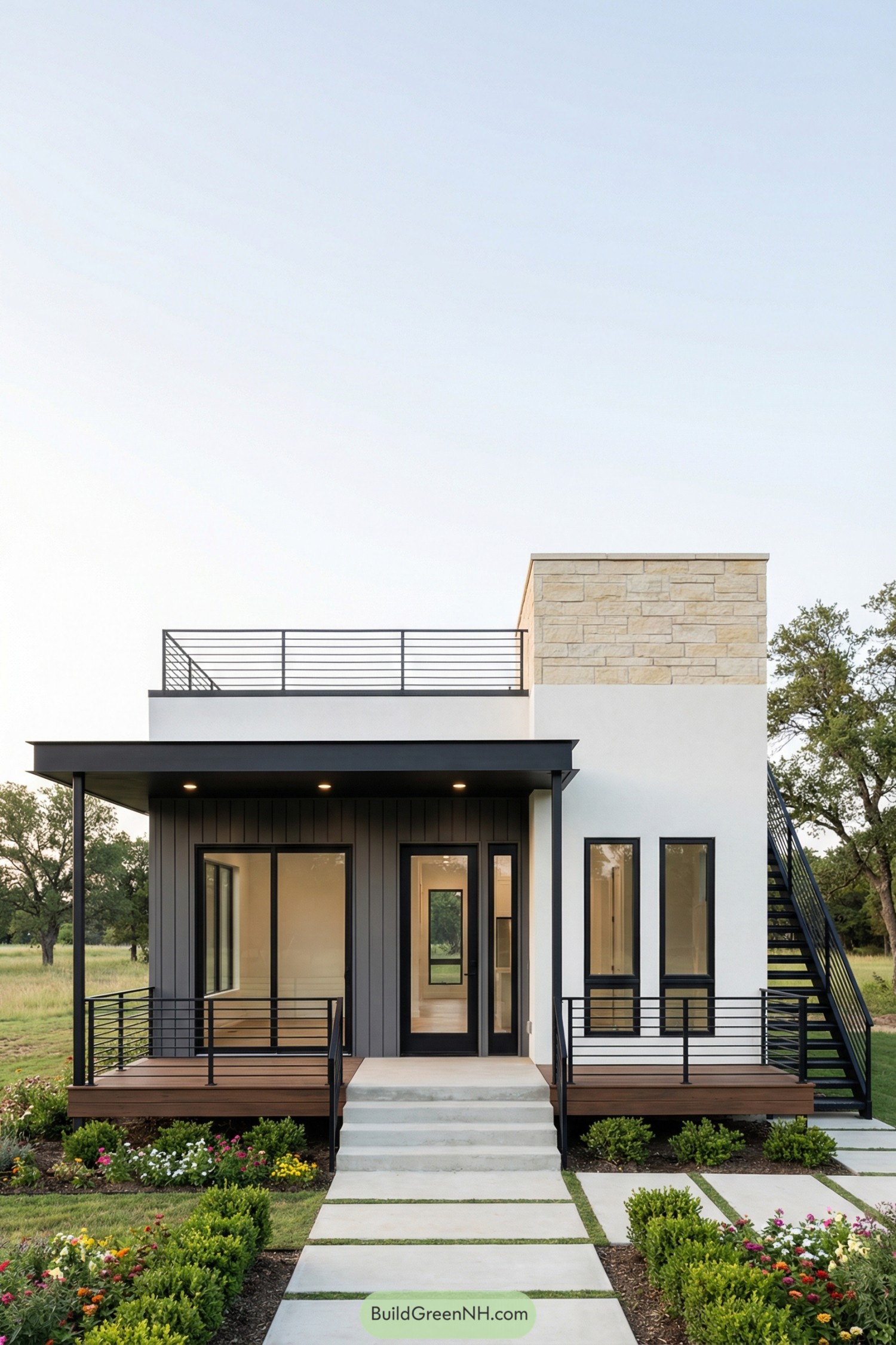 Modern tiny house with rooftop terrace and limestone accent tower