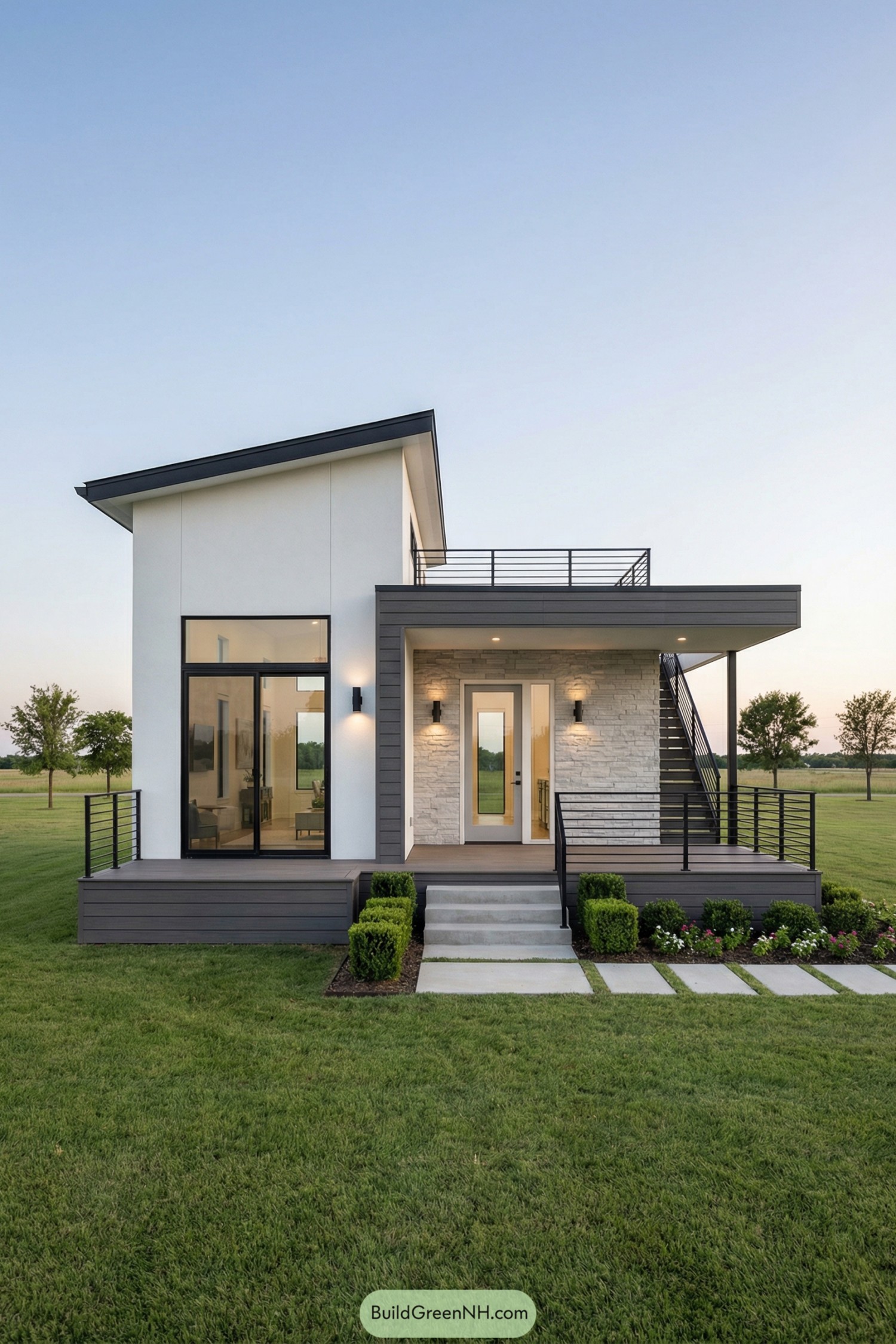 Modern tiny house with rooftop deck and cantilevered porch