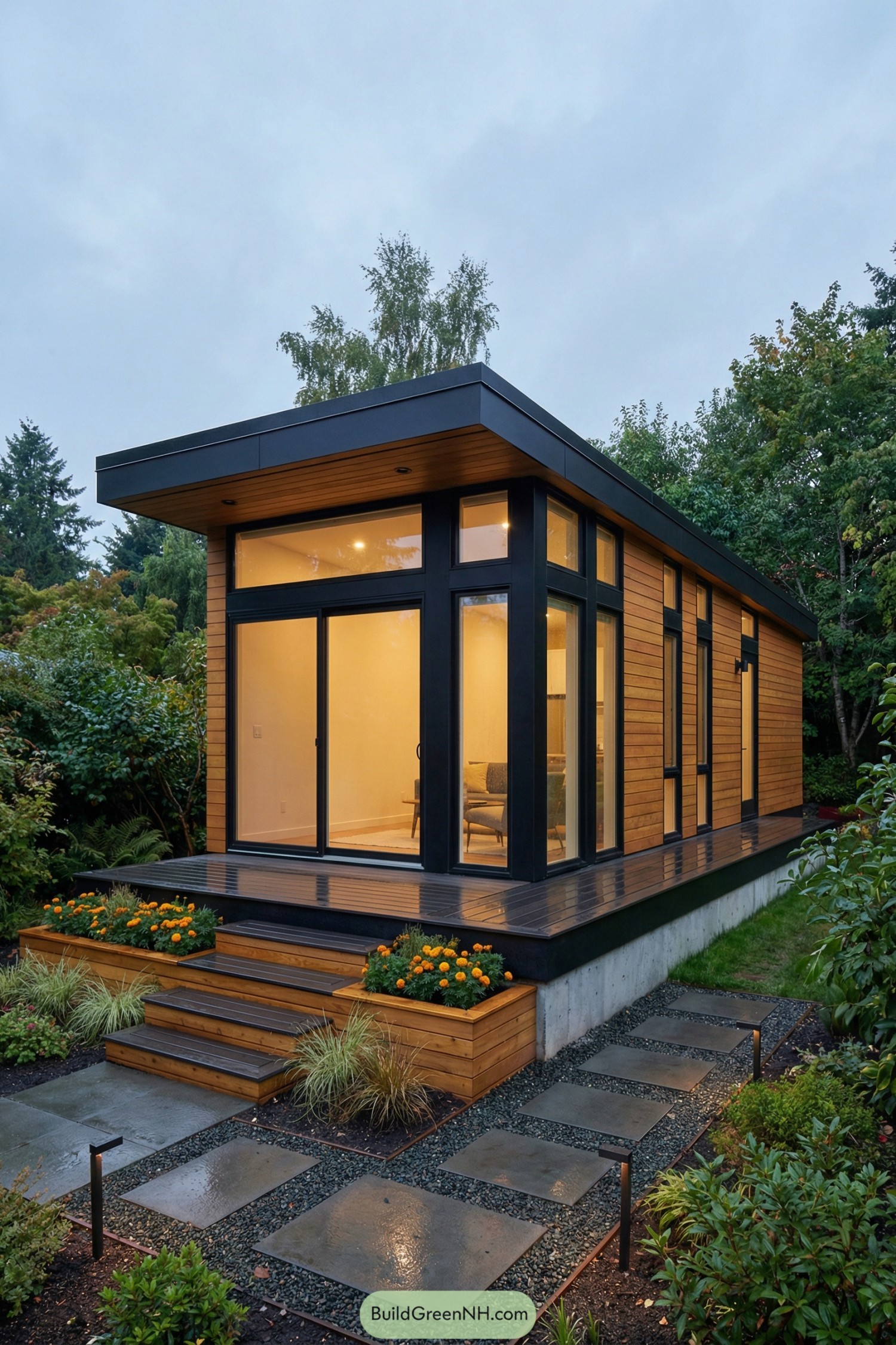 Modern tiny house with flat roof, large black-framed windows, and warm wood siding set amid a landscaped garden