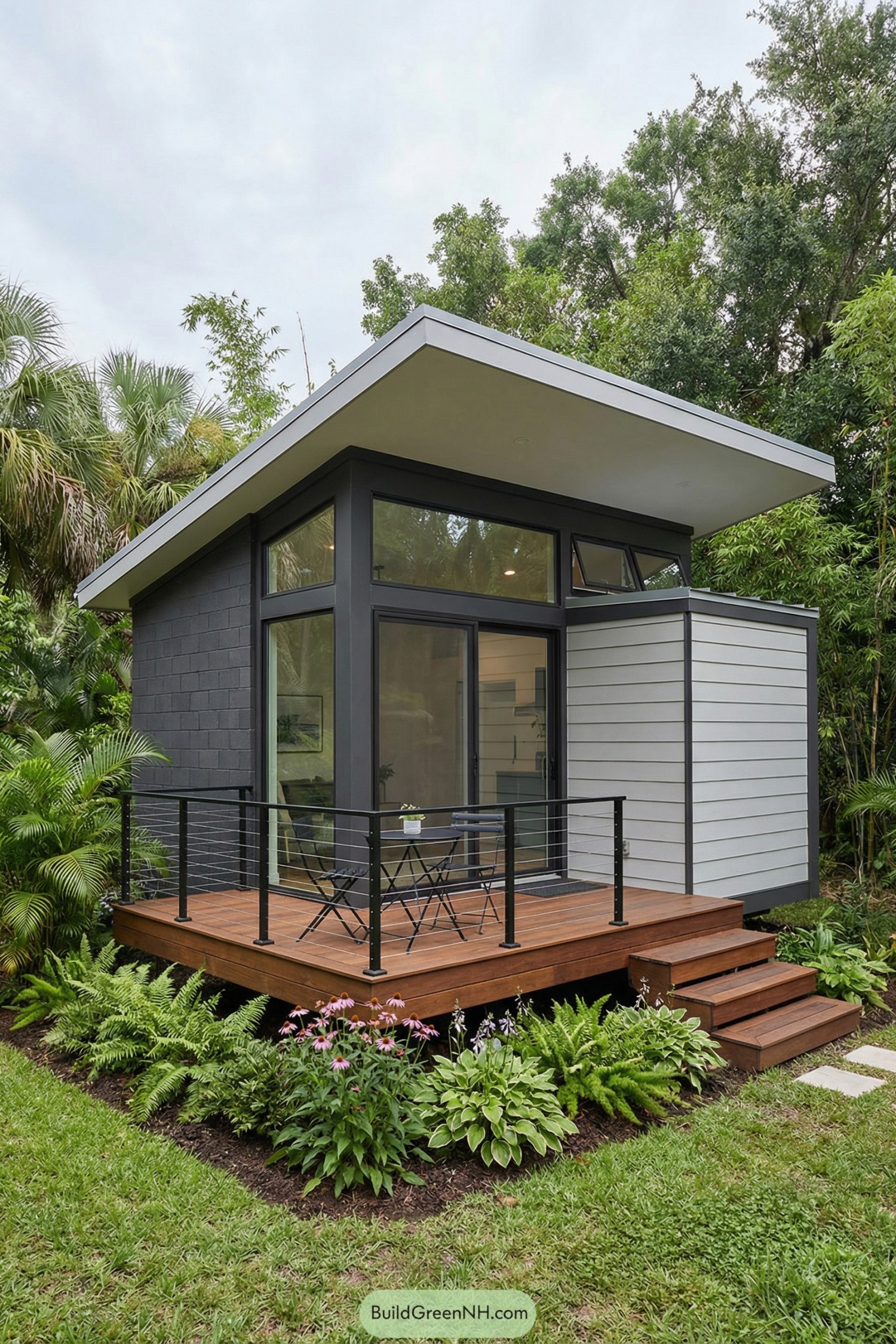 Modern tiny house with sloped roof, glass front, and wood deck in lush garden