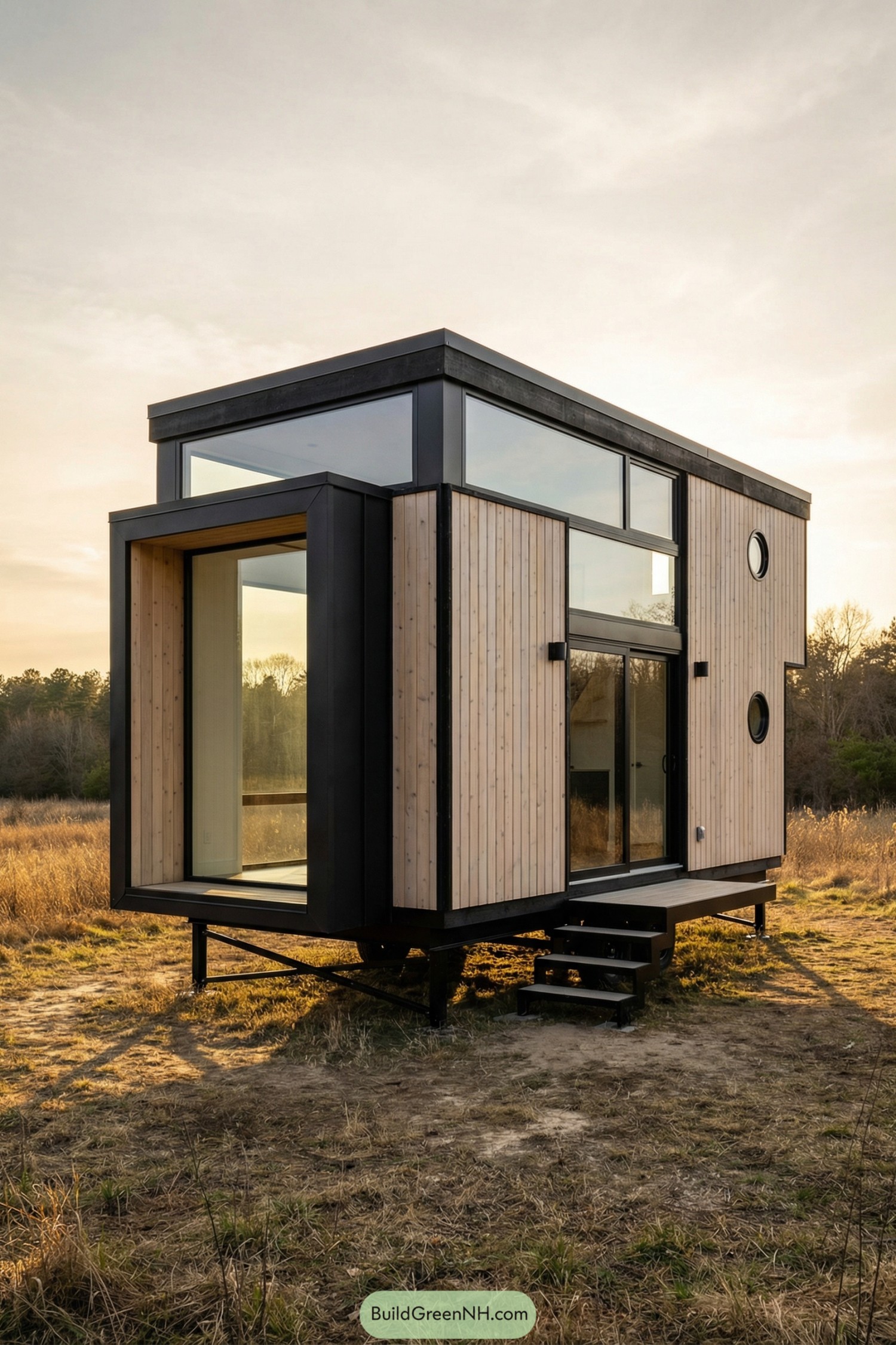 Modern tiny house with black frame and light wood siding featuring large glass panels and circular windows in a field at sunset