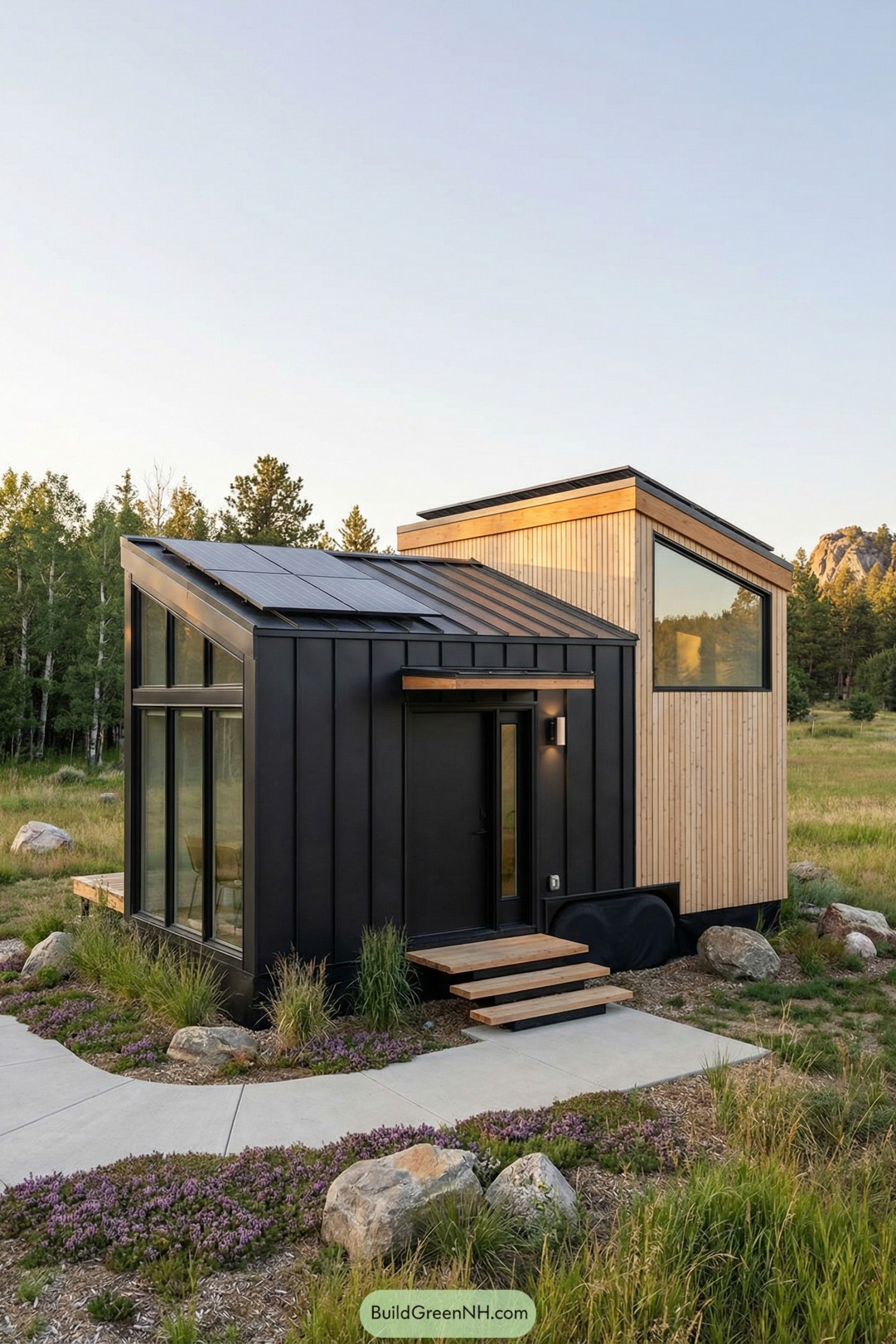 Tiny house with black metal and cedar cladding plus rooftop solar