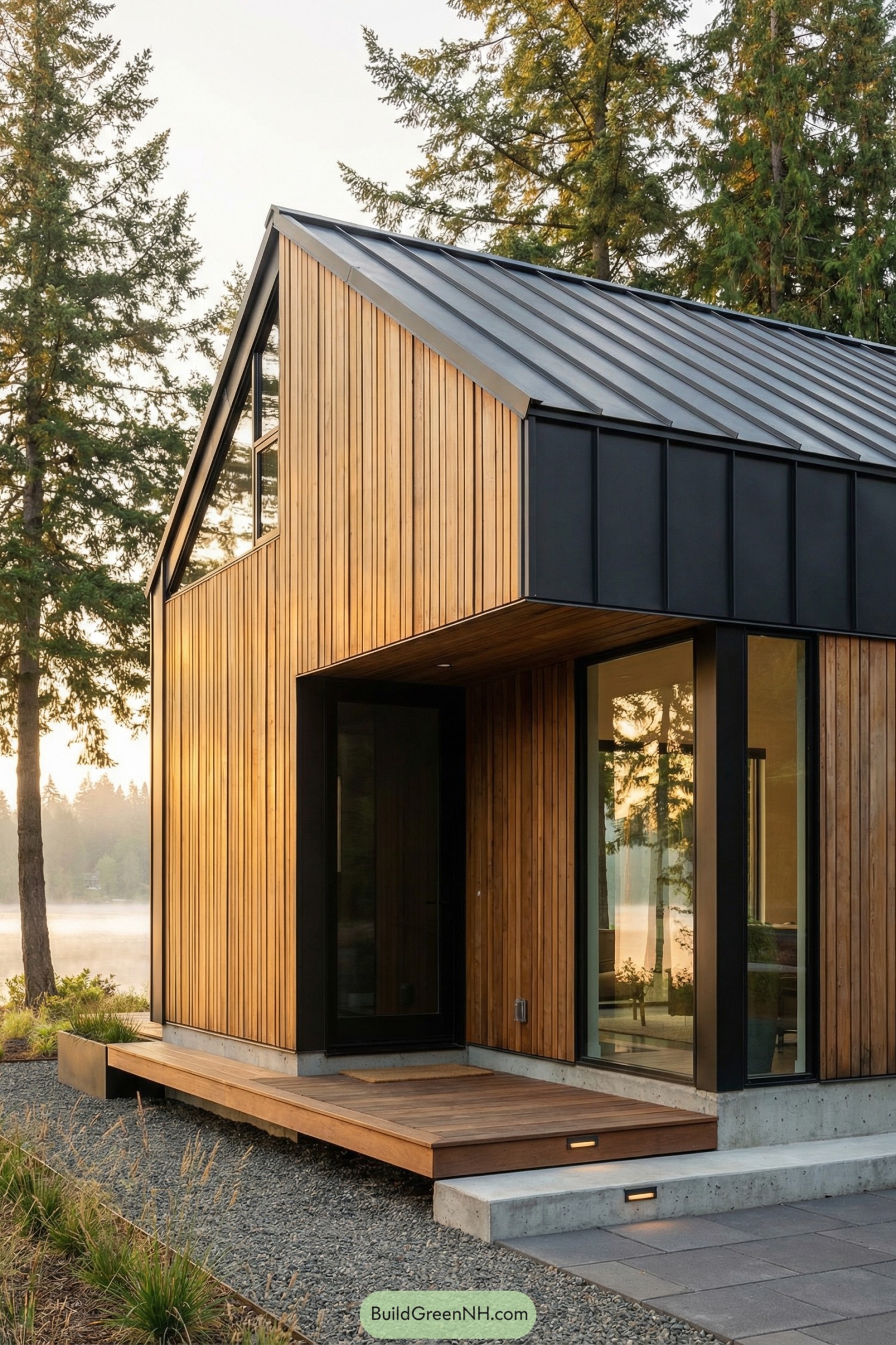 Tiny house with cedar cladding and black metal roof