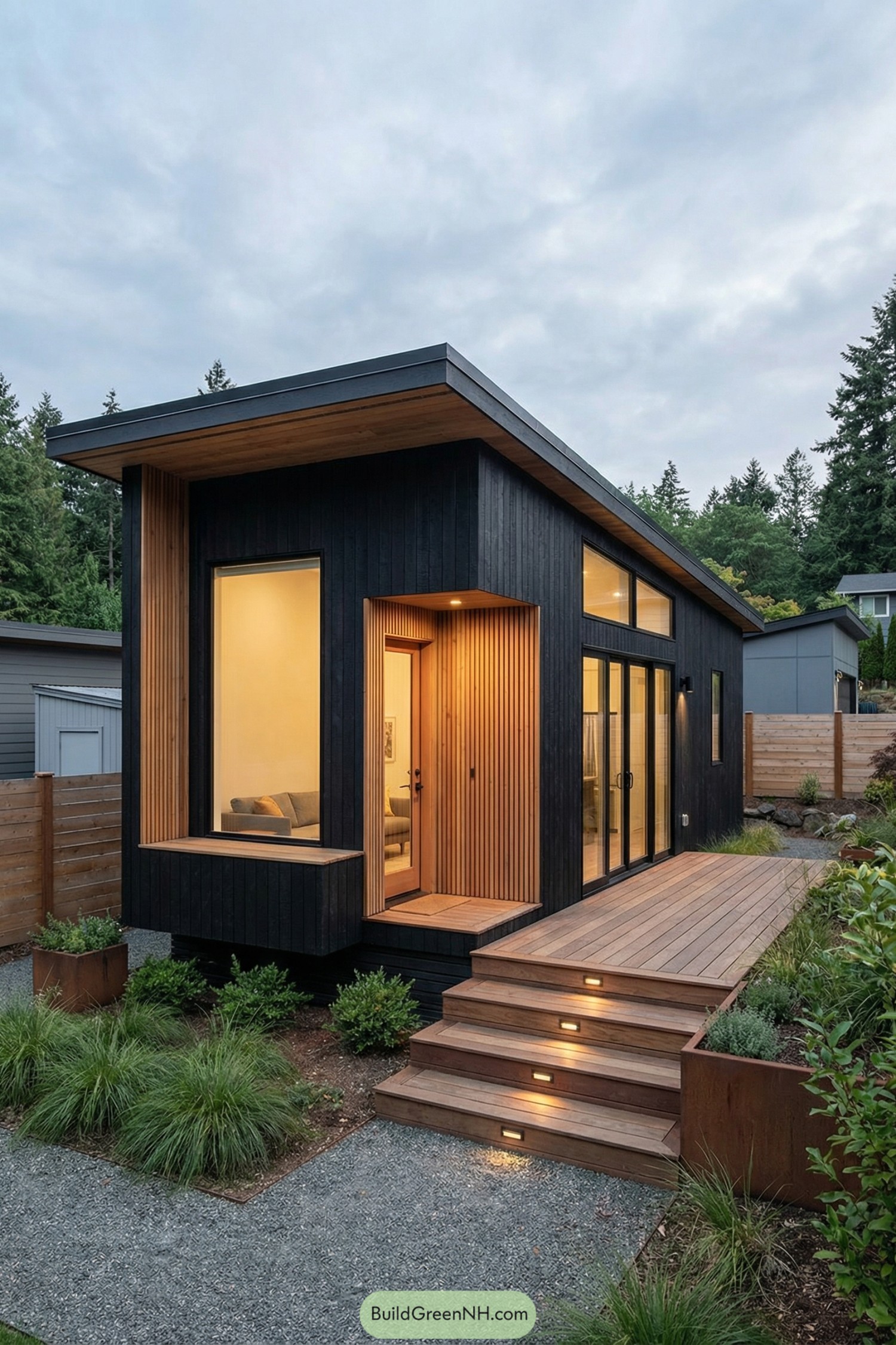 Modern tiny house with blackened wood siding warm cedar accents and a sloped roof