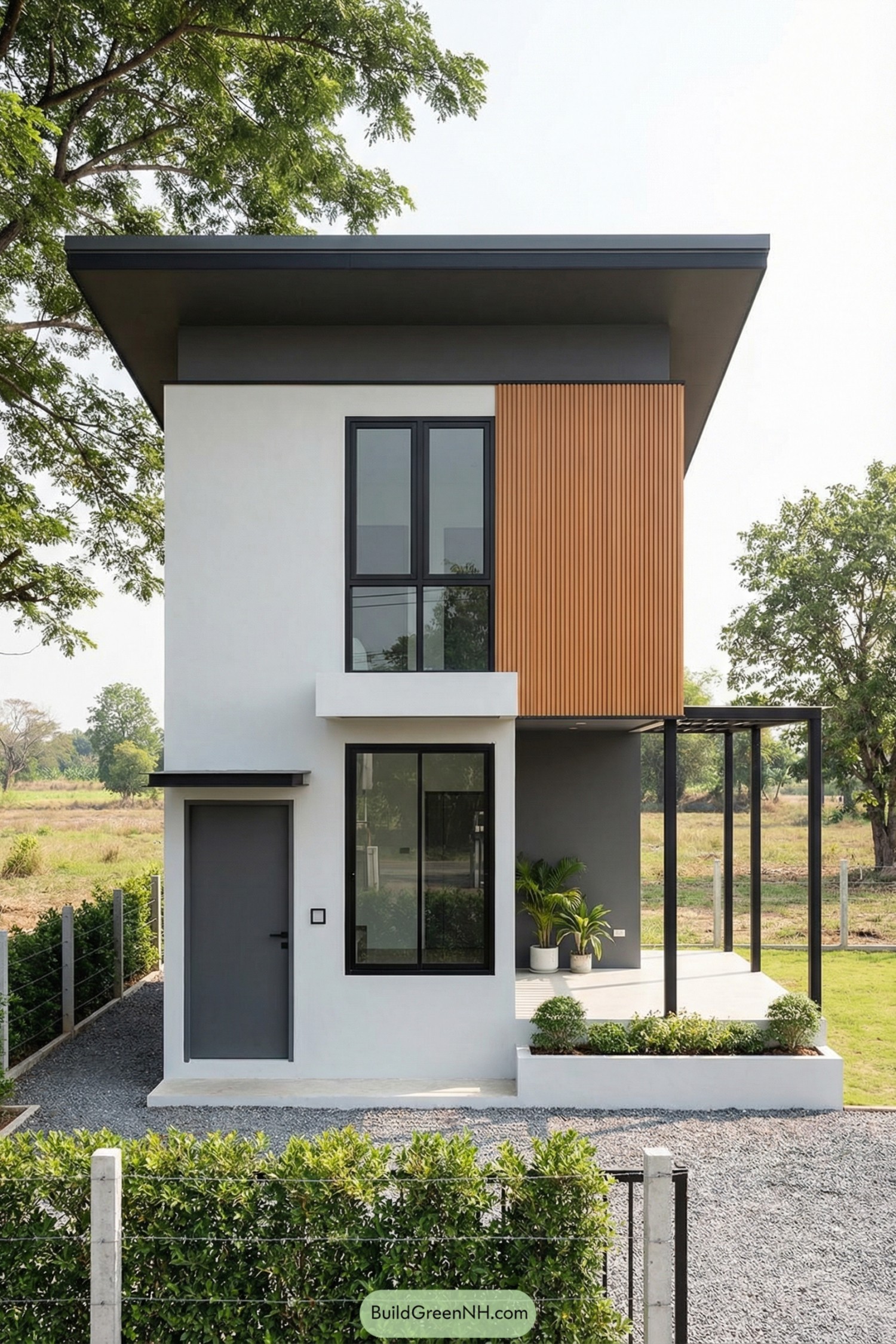 Two-story tiny house with flat roof, black-framed windows, and a slatted wood accent panel beside a shaded side terrace