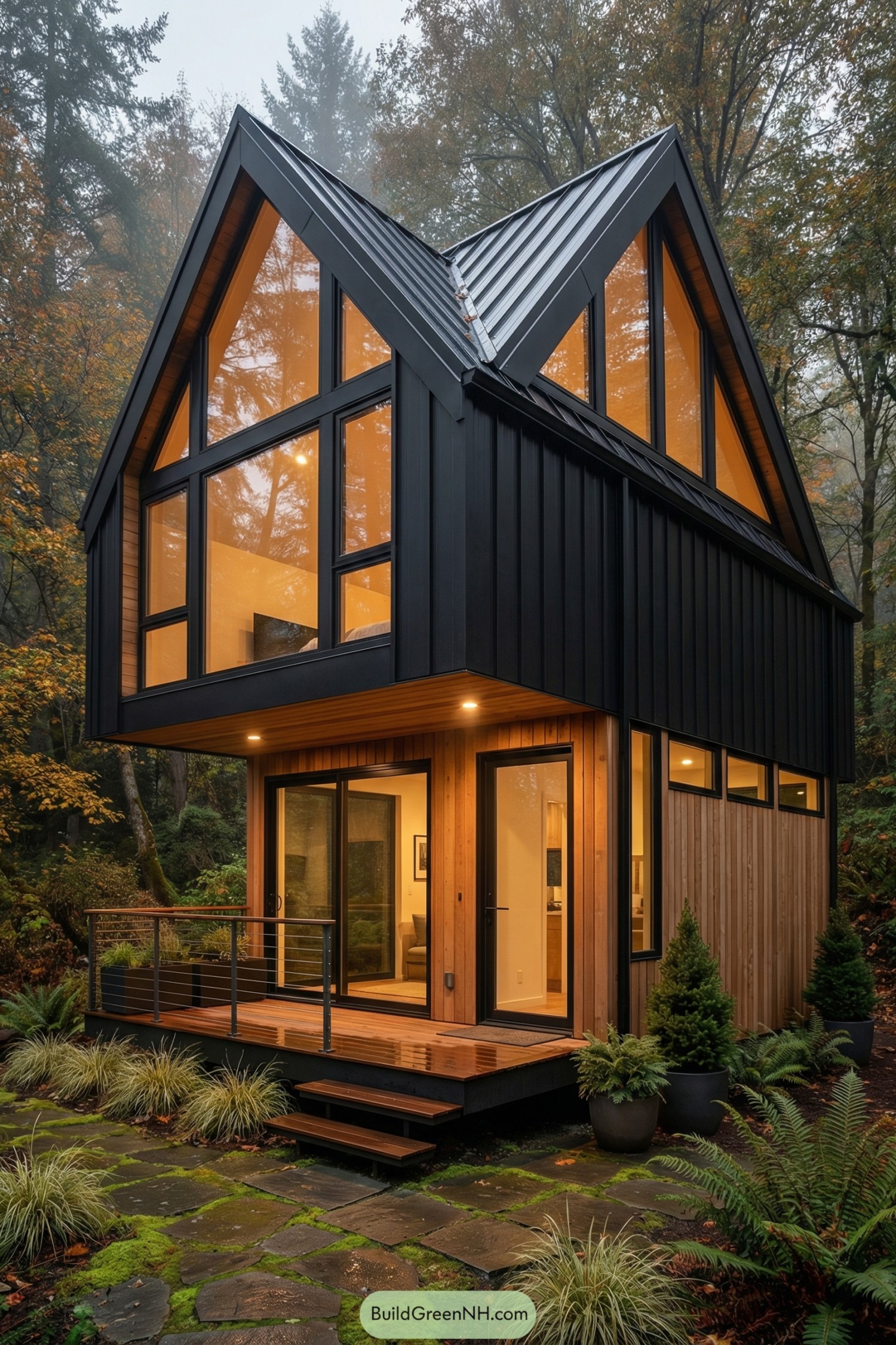 Black metal A-frame tiny house with warm wood siding and big windows in a forest