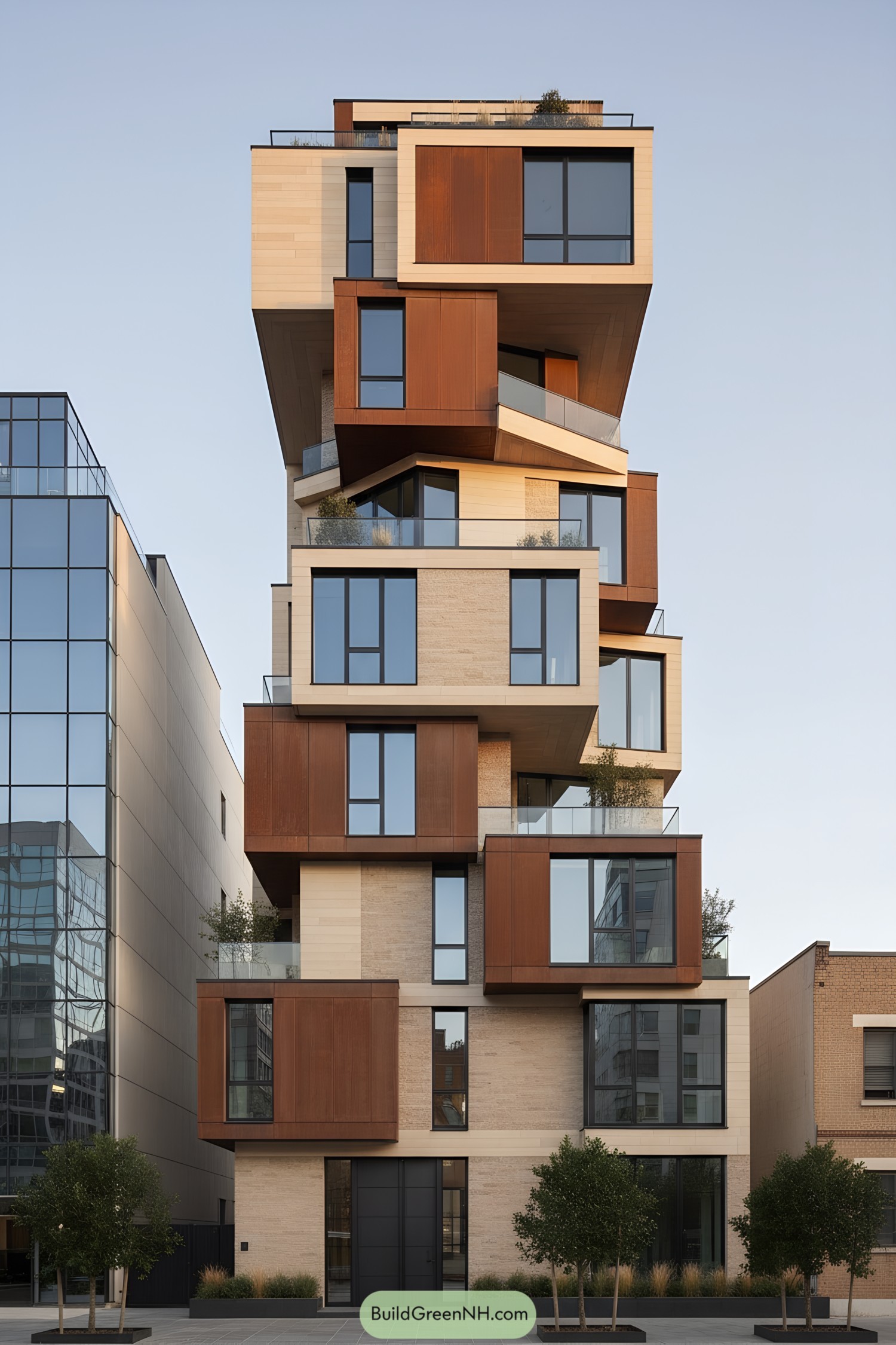 Tiered urban house with cantilevered wood-clad boxes and large glass windows