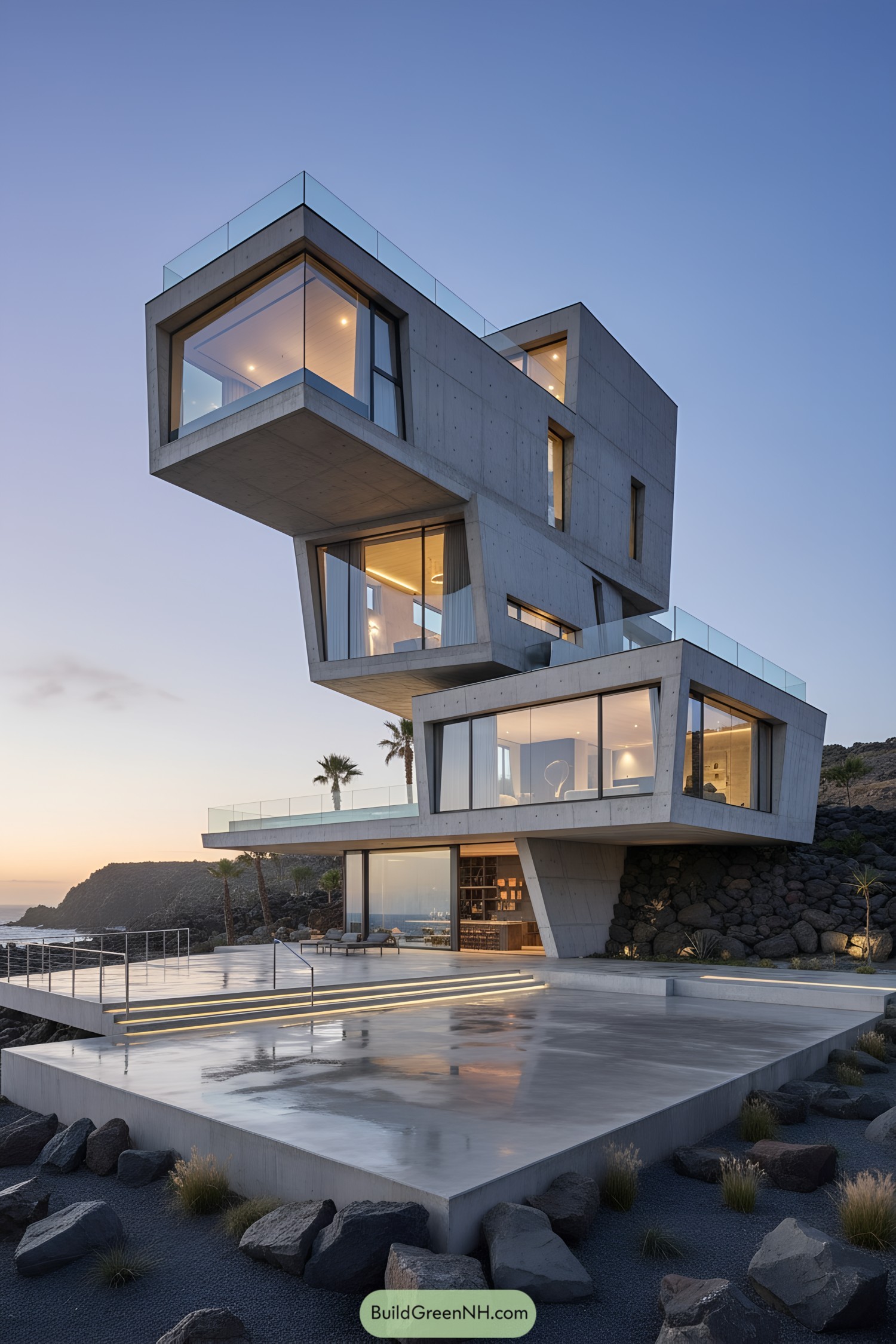 Tiered concrete house with cantilevered glass volumes over a rocky coast at dusk