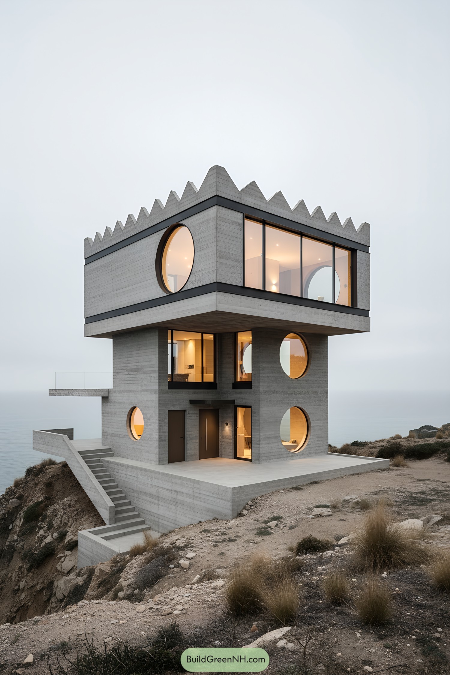 Brutalist cliff house with circular windows