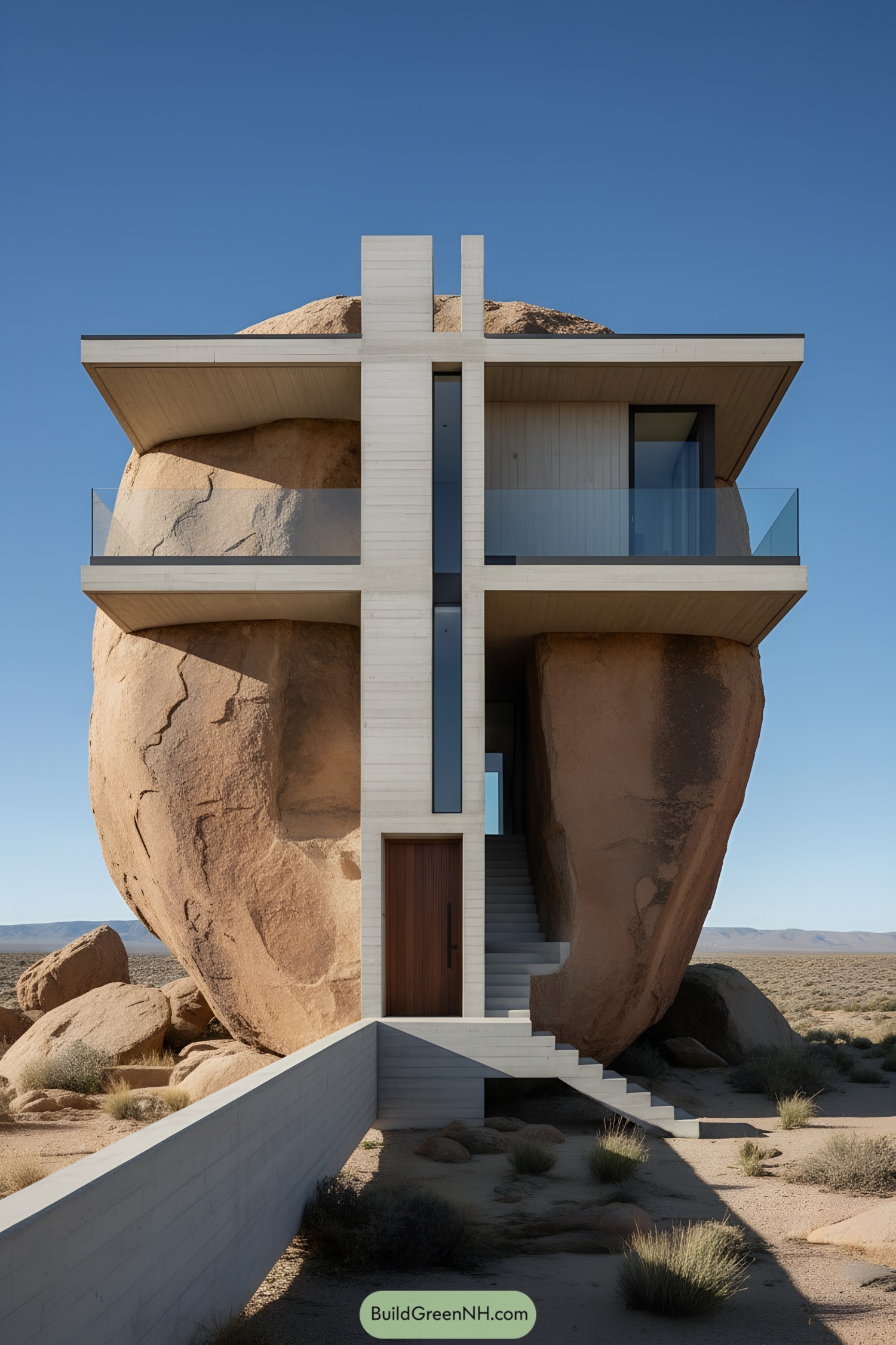 Modern house threaded through a massive boulder in a sparse desert landscape with cantilevered terraces and glass railings