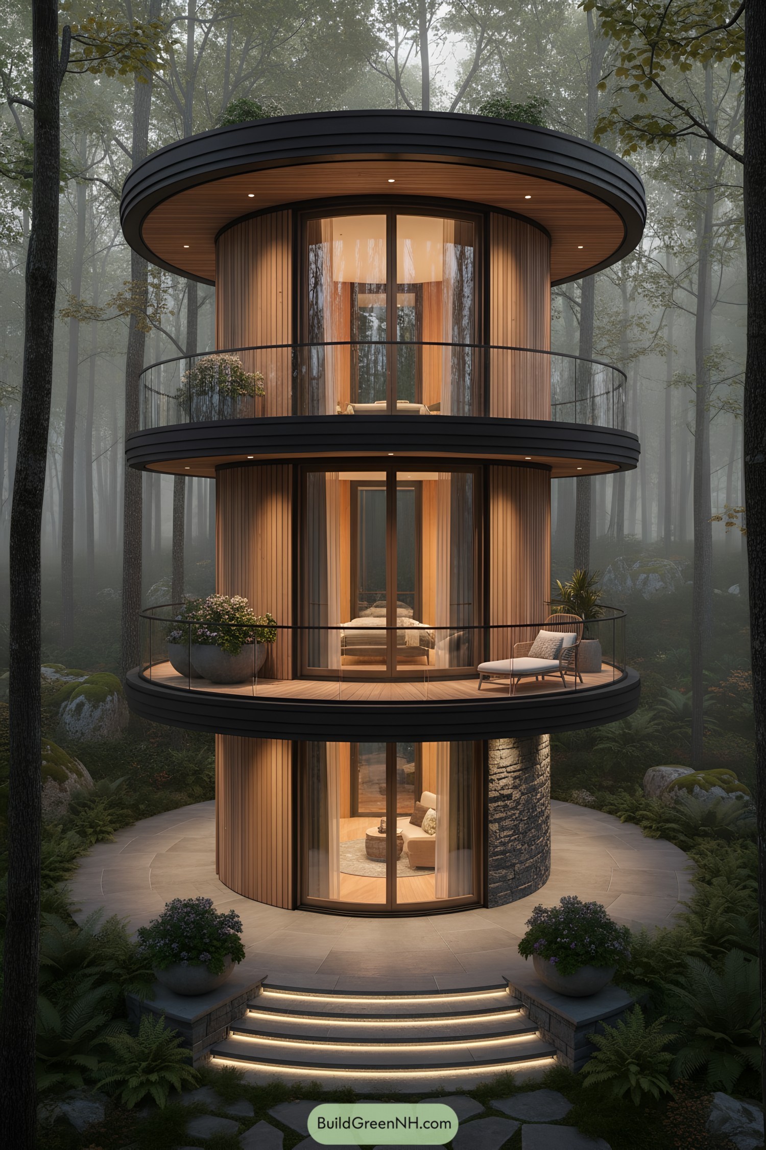 Three-tier circular wood house with wraparound balconies