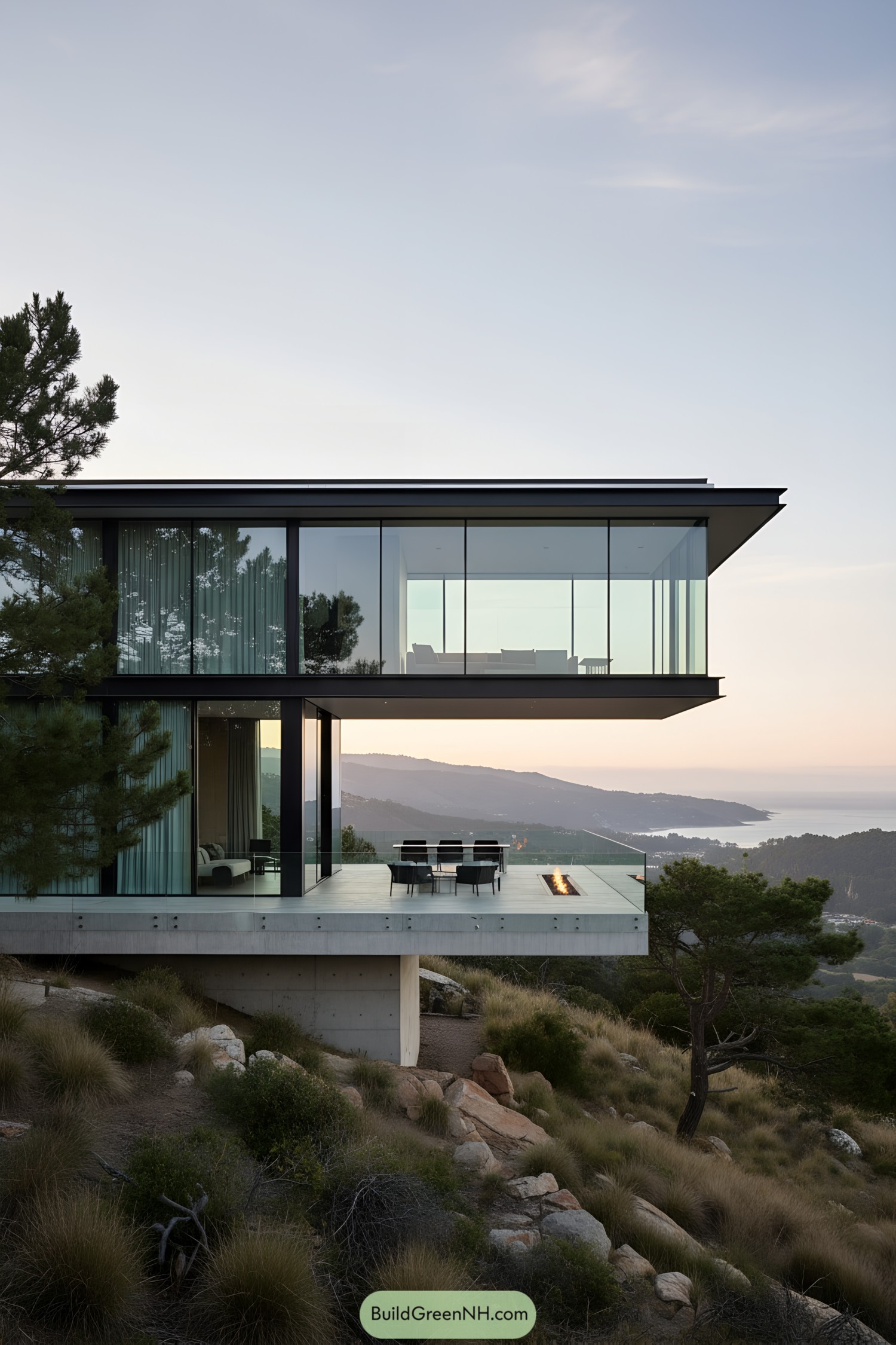 Modern cliffside glass house with cantilevered terrace