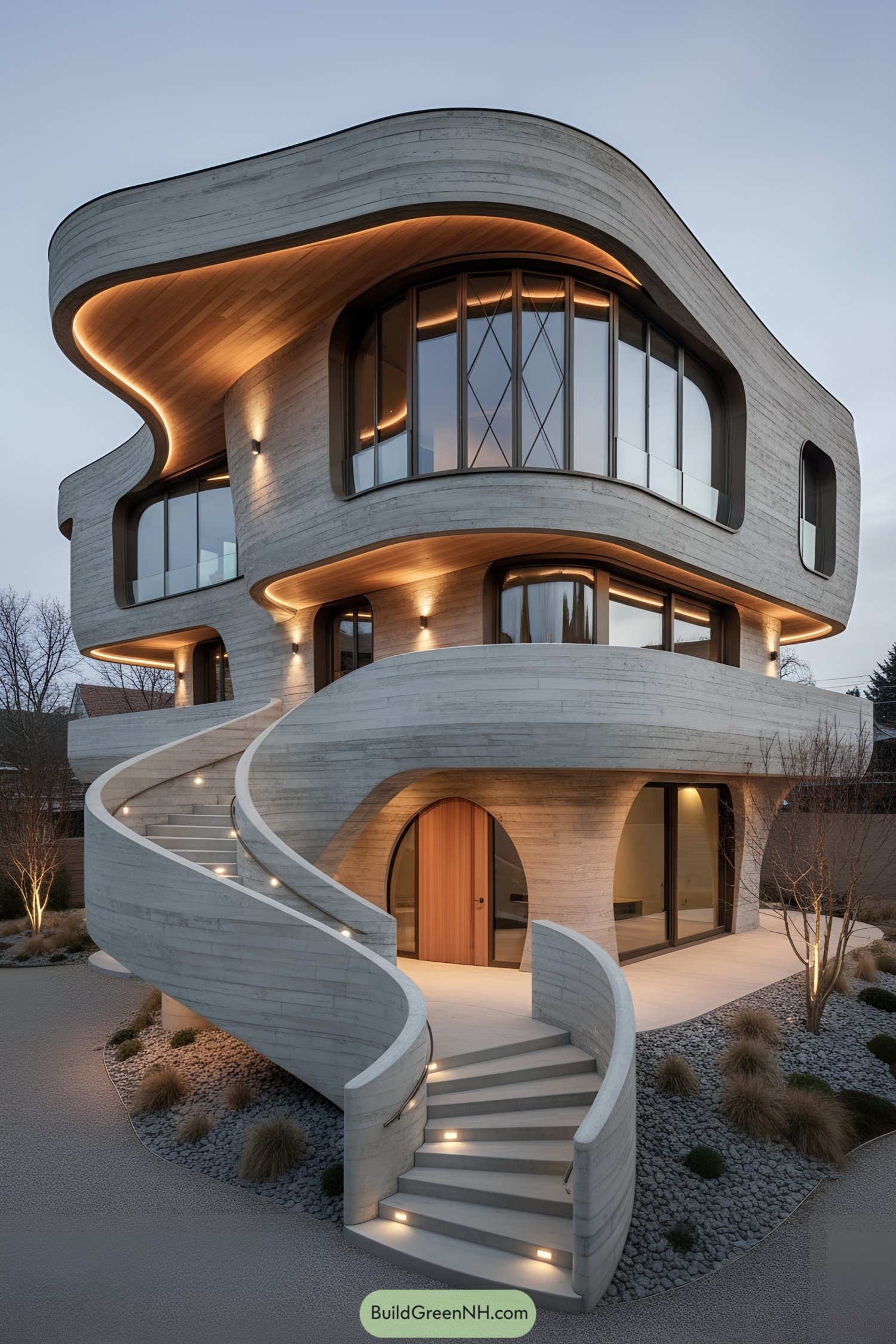 Curved concrete home with glowing soffits and sweeping stair