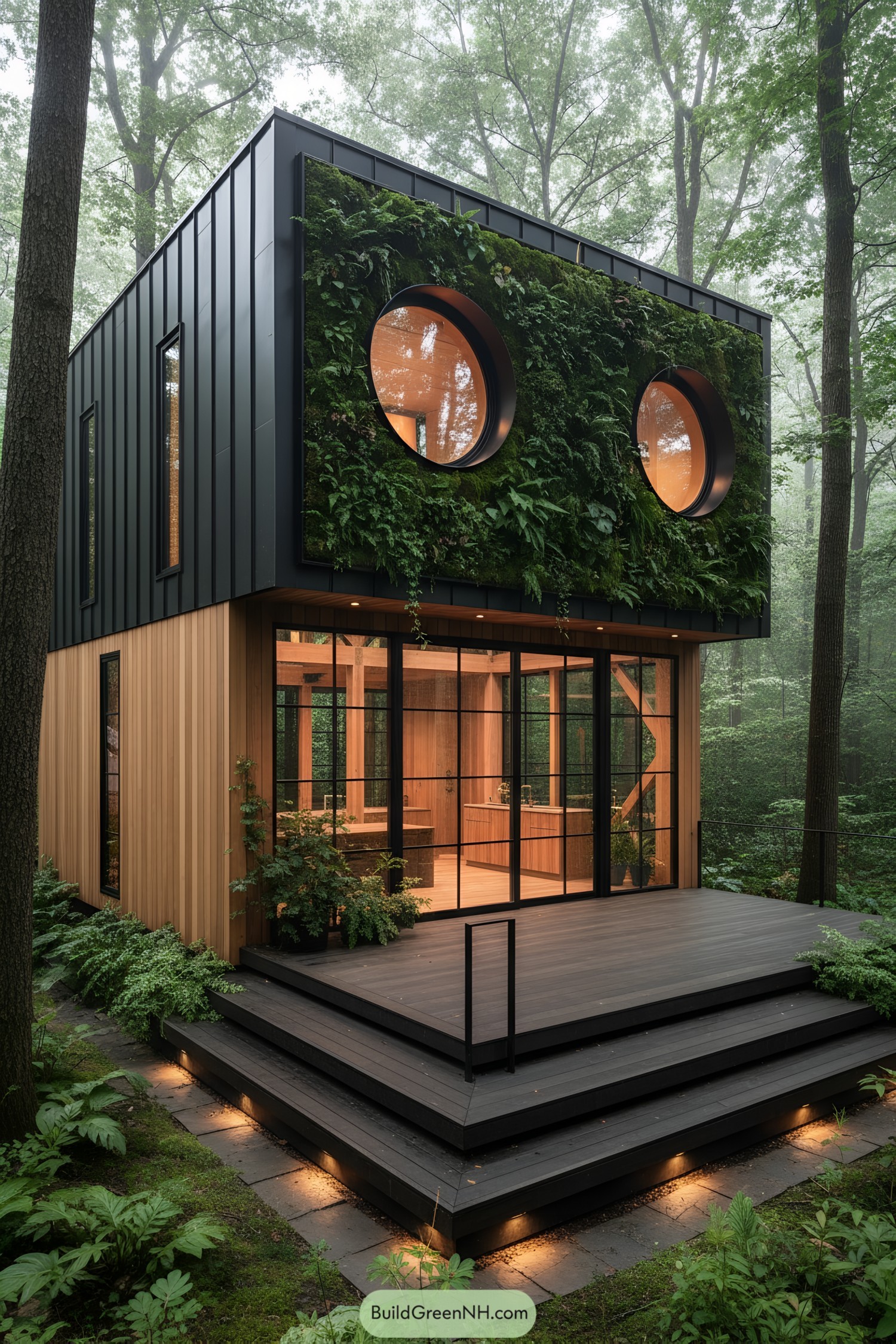 Two-story woodland house with circular windows and a living green wall