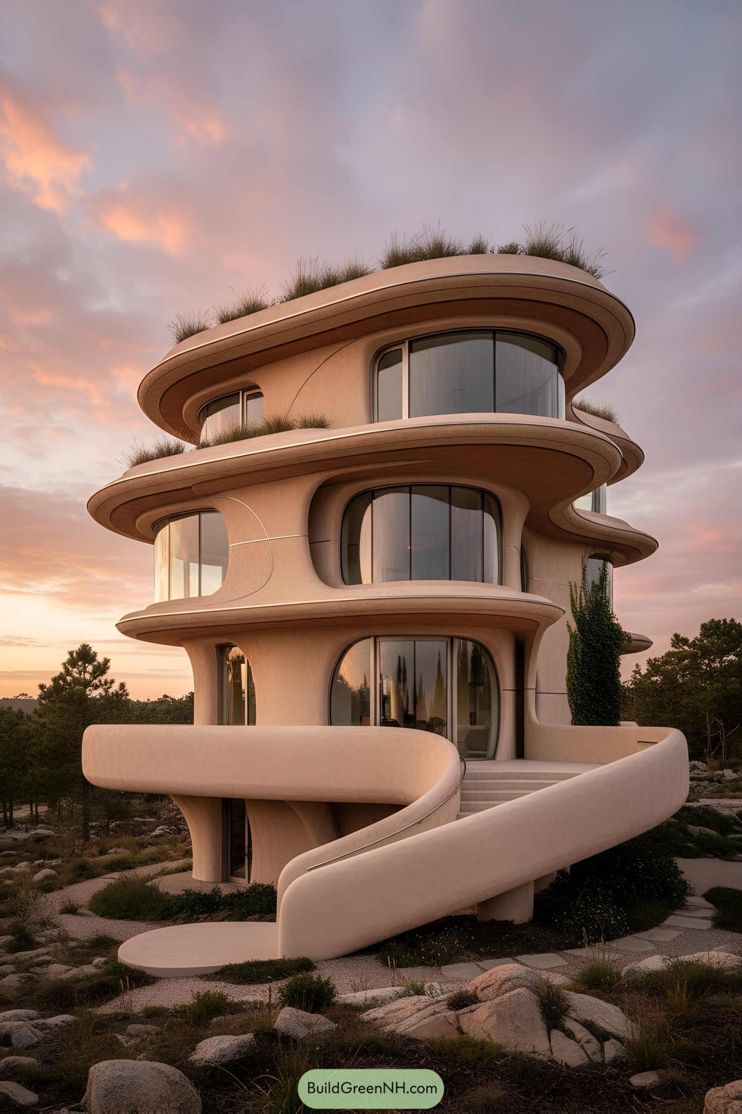 Organic rounded multi-level home with curving terraces and wraparound glass