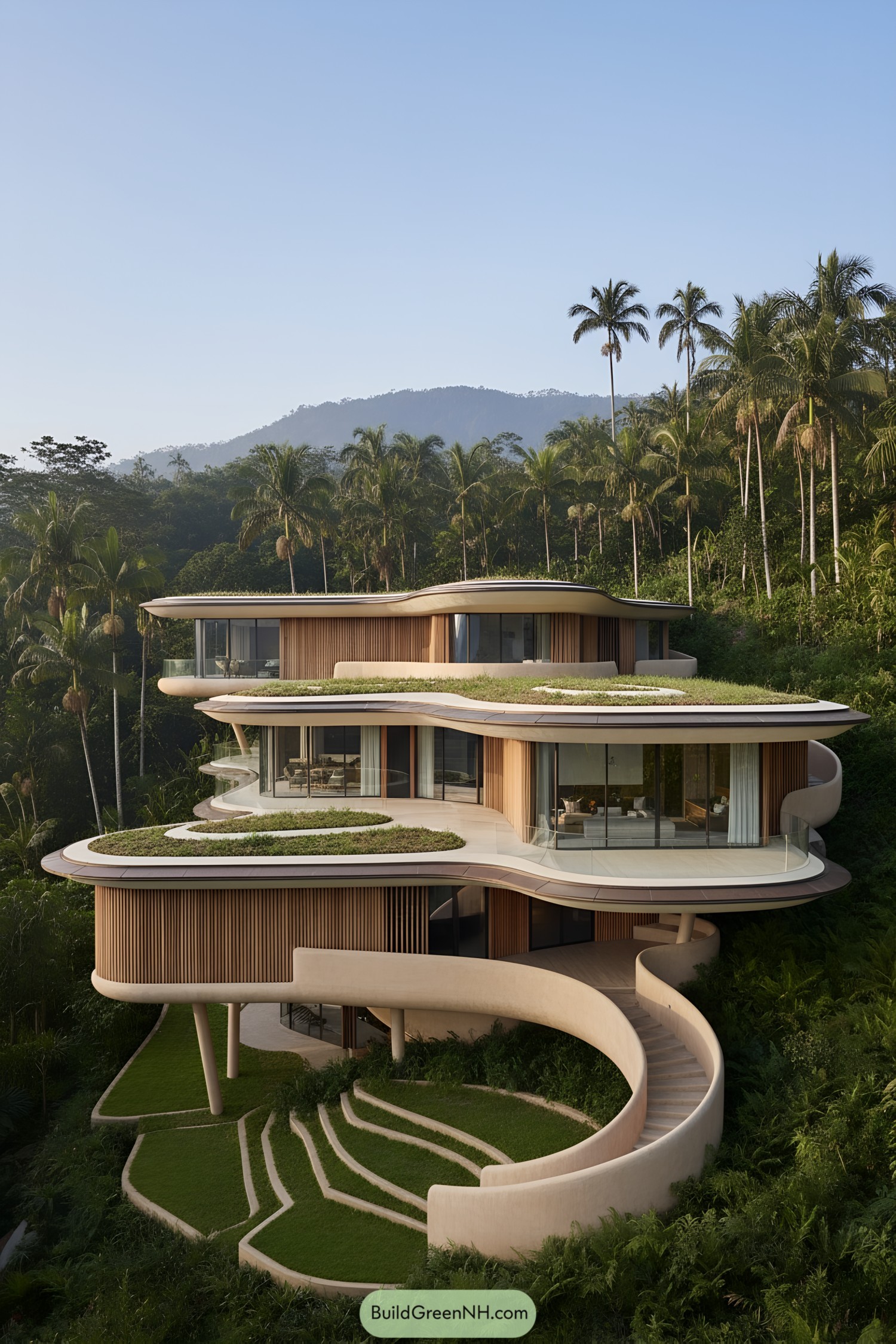 Curving multi-level villa with green roofs and glass terraces on a tropical slope