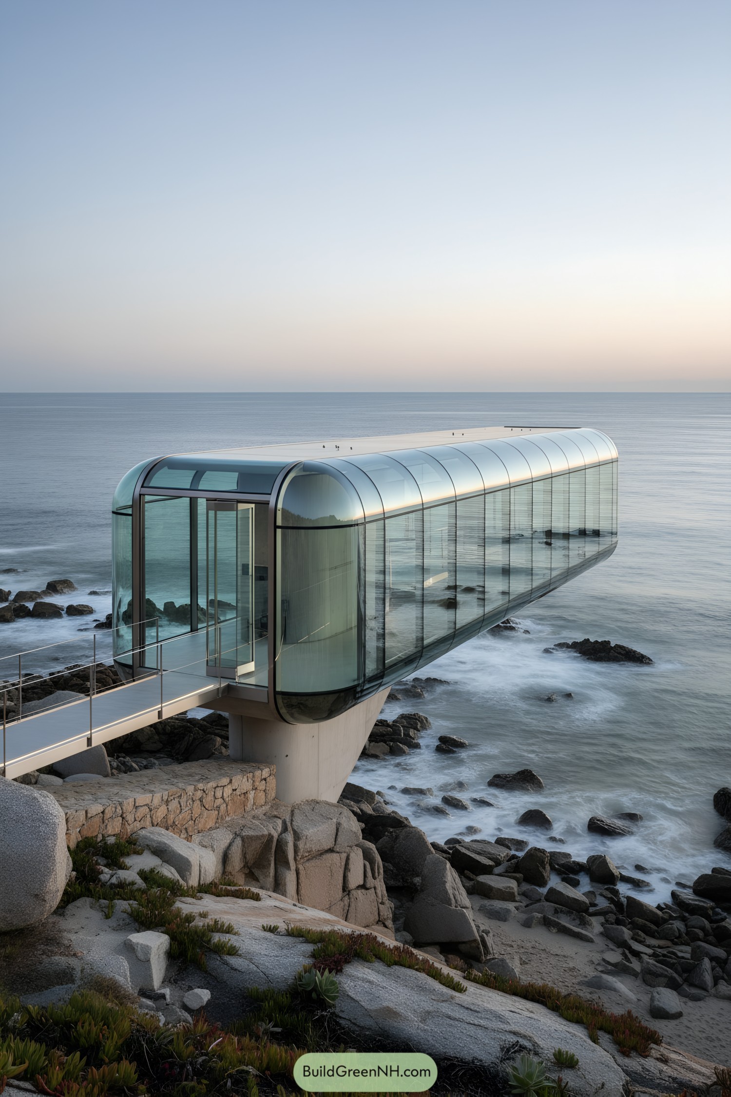Glass tube house cantilevered above rocky coast