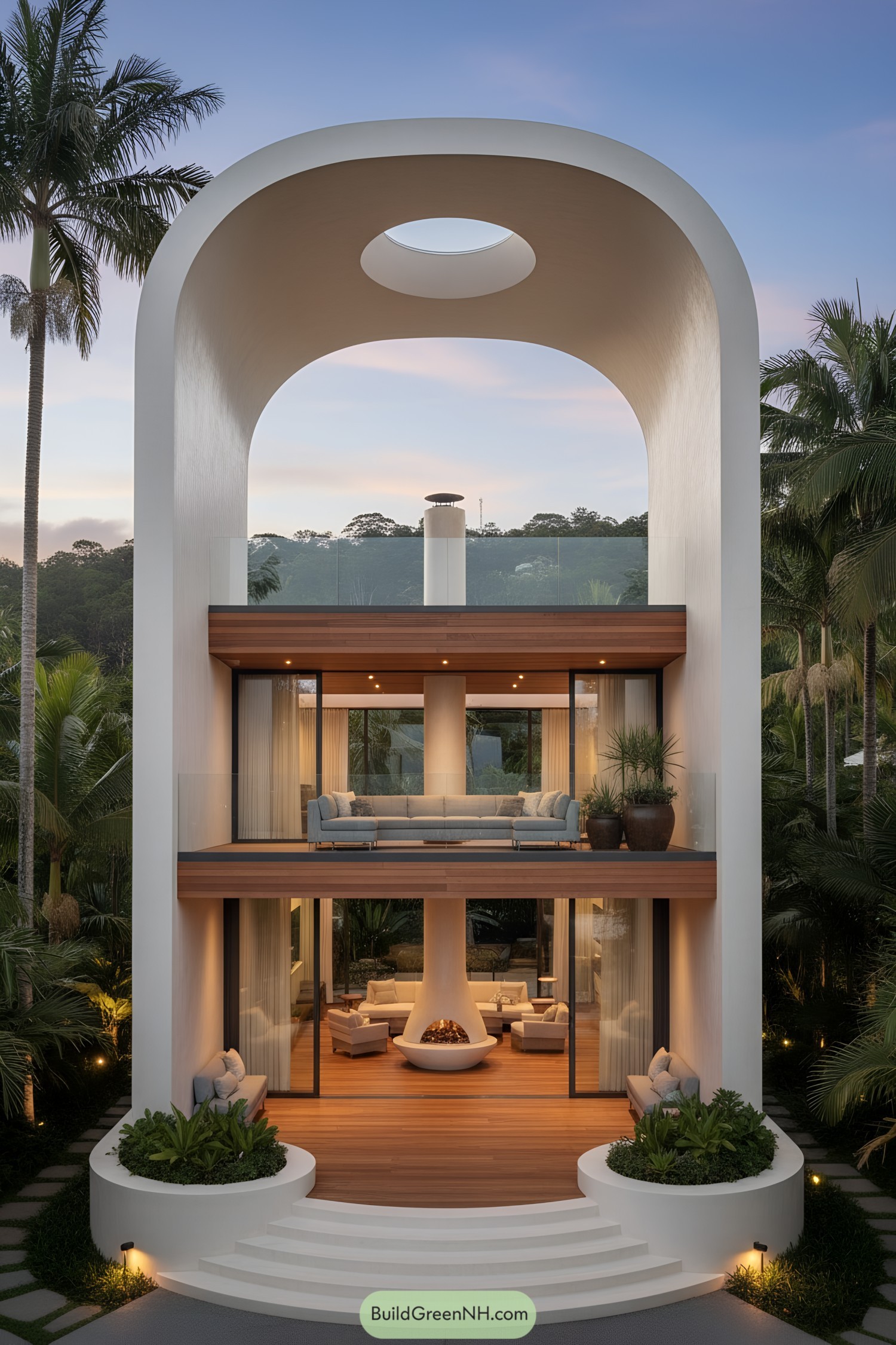 Two-story modern house framed by a giant arched portal with central skylight and layered wood-and-glass terraces