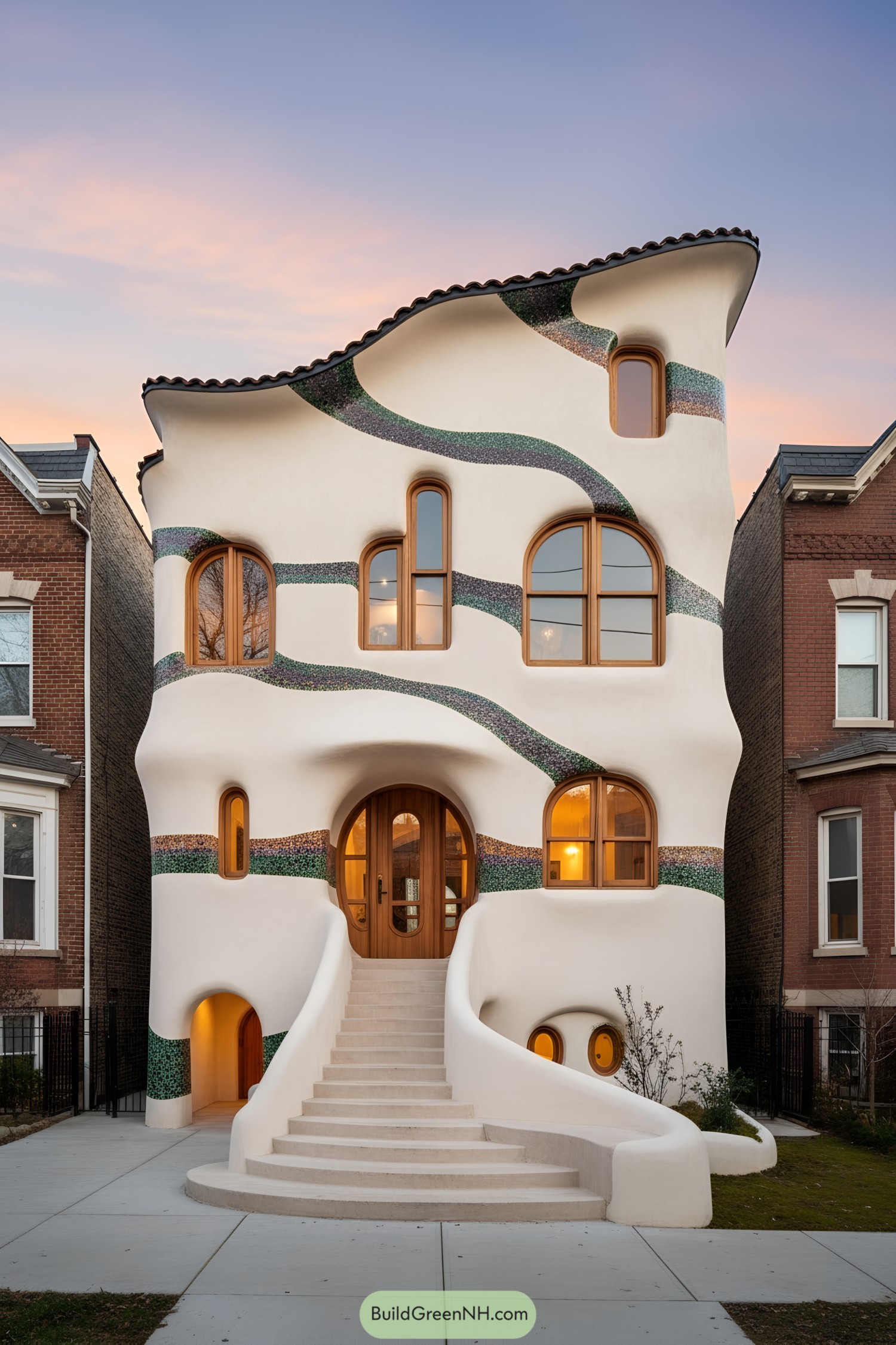 Curvy white house with mosaic bands and arched windows