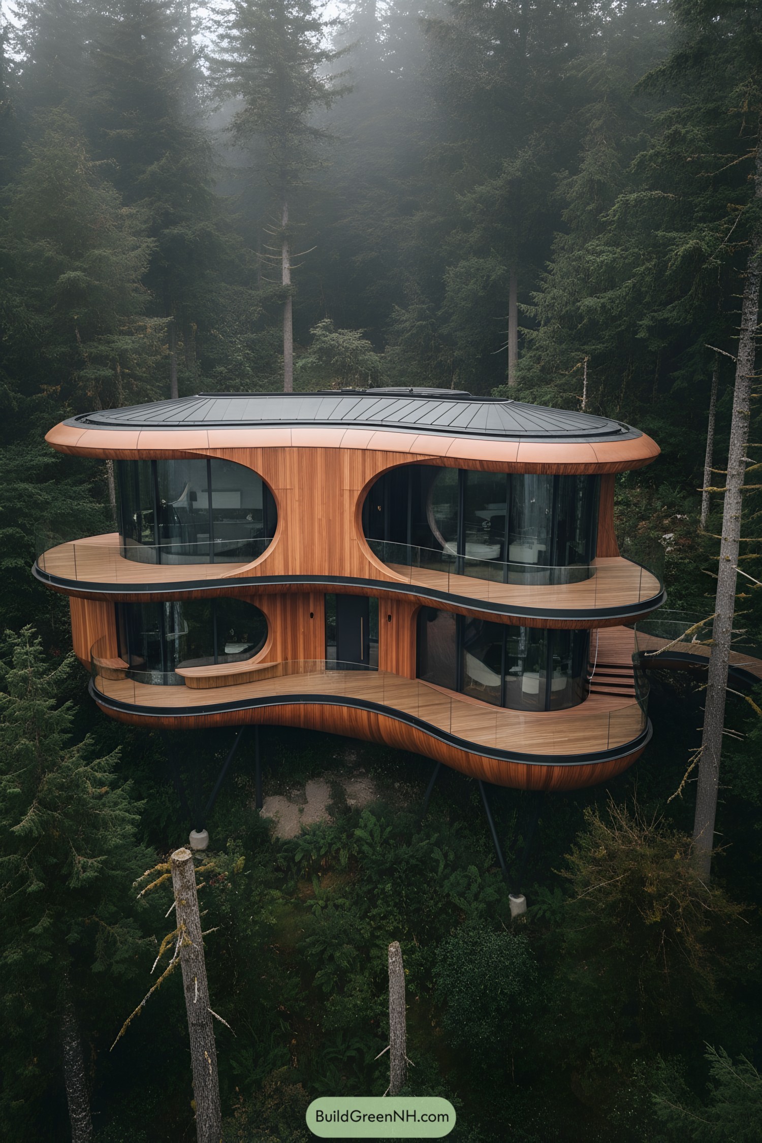 Curved timber house on stilts in misty forest