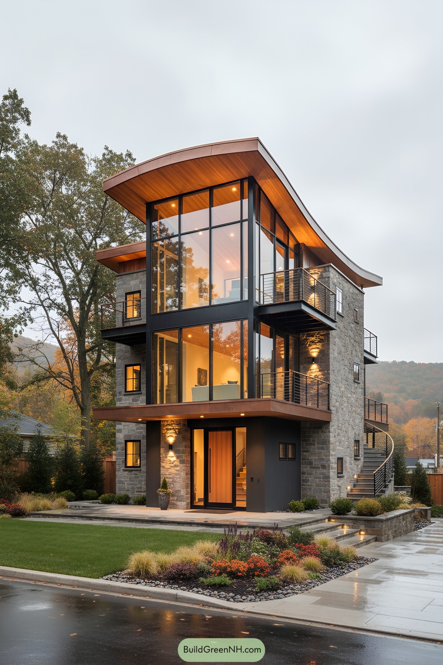 Modern home with curved copper roof and floor-to-ceiling glass