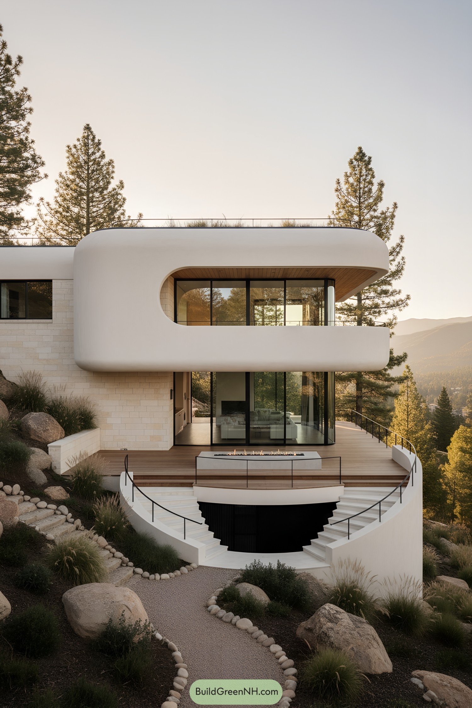 Modern hillside home with rounded cantilever and glass walls
