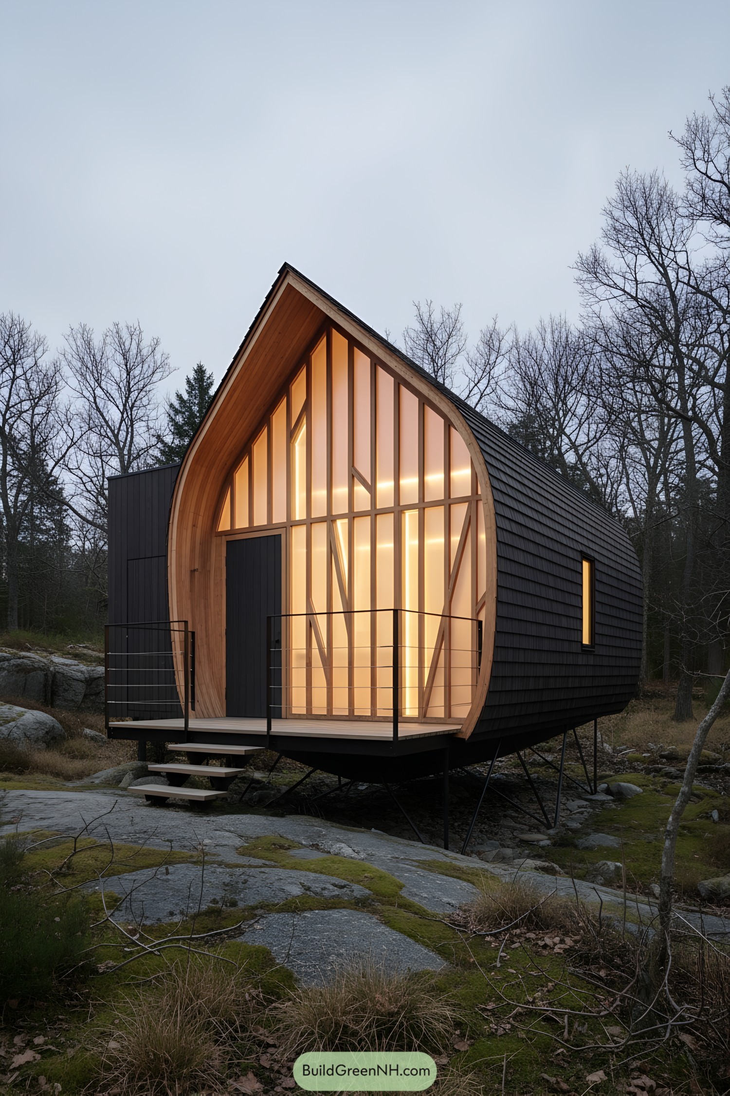 Small curved cabin with glowing timber facade and dark shingle sides on slender stilts