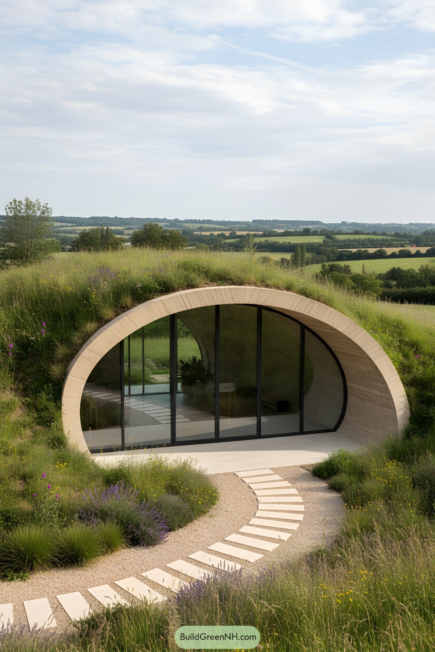 Curved earth-sheltered house with glass facade