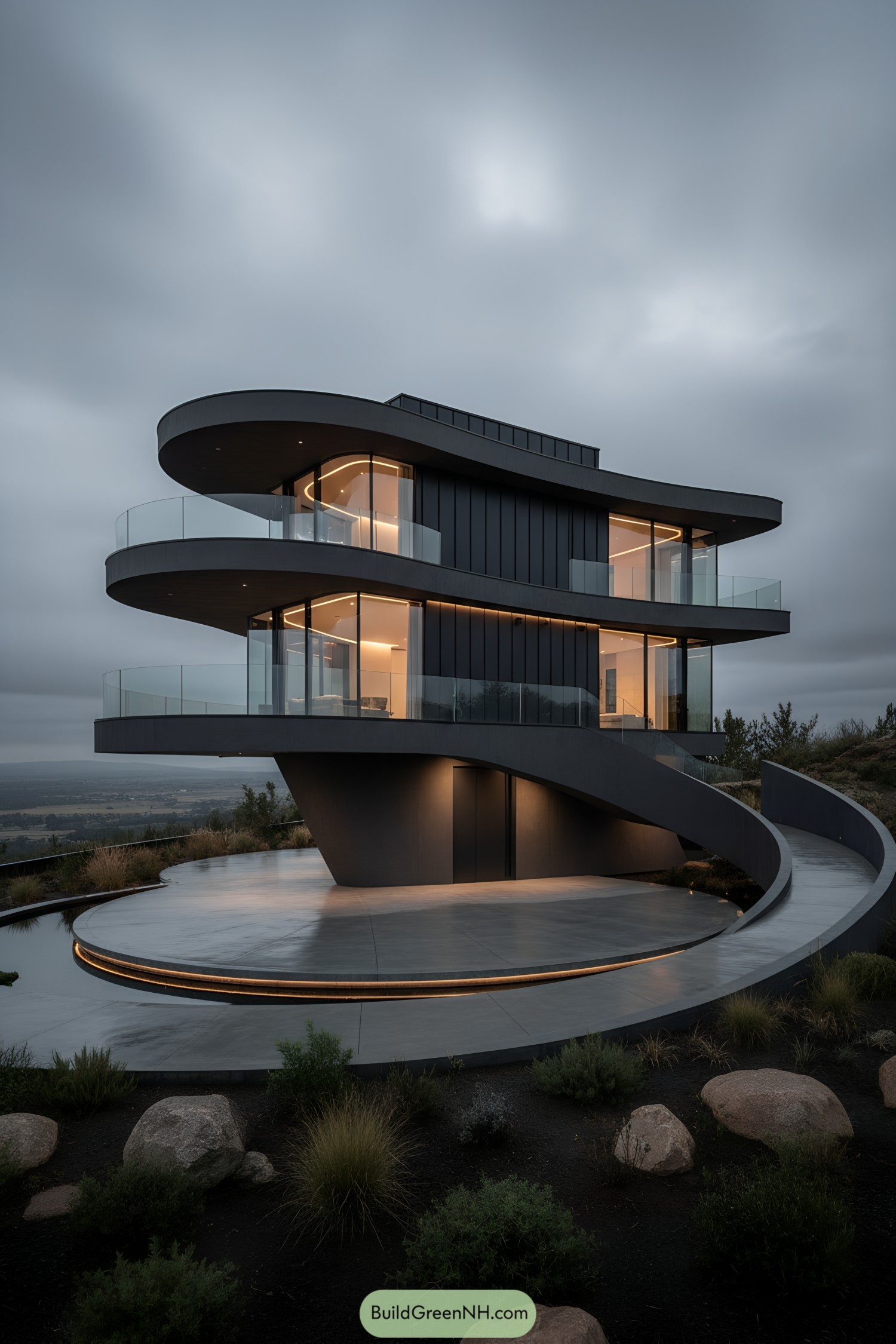 Curved multi-level house with glass terraces at dusk