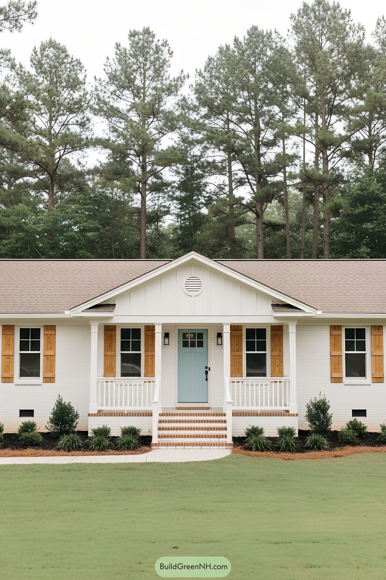 White brick ranch with teal door and cedar shutters