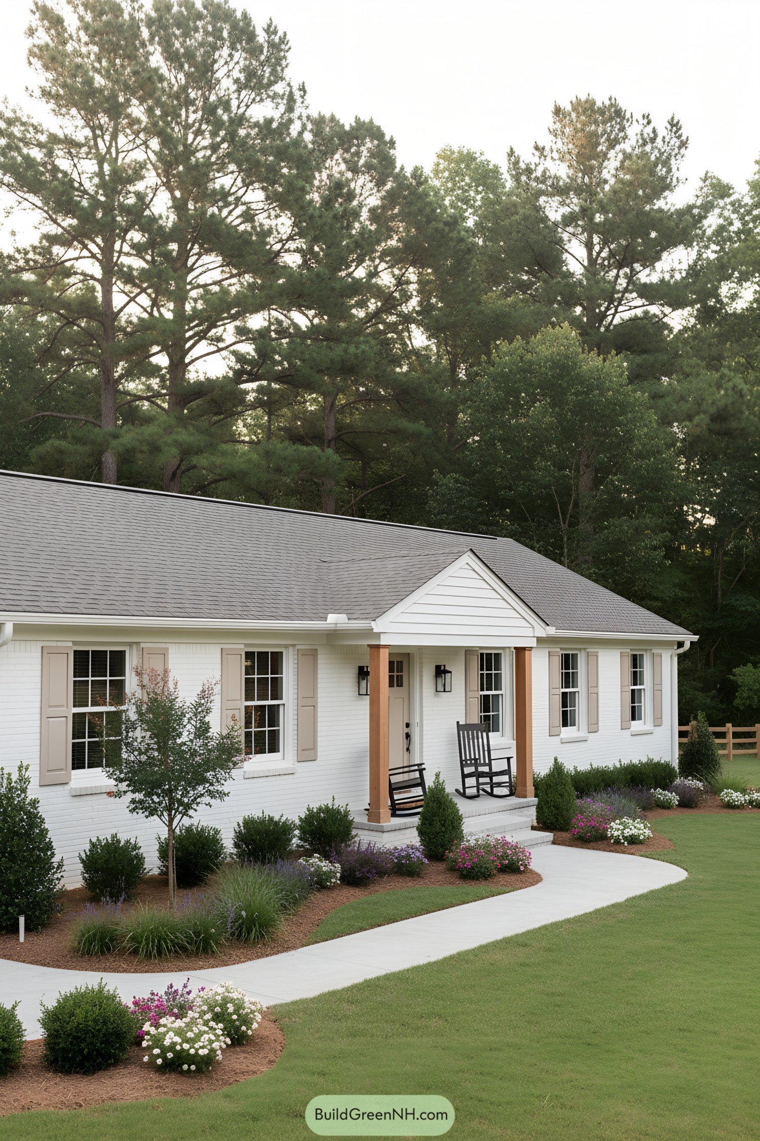 White brick ranch with soft taupe shutters and cozy porch