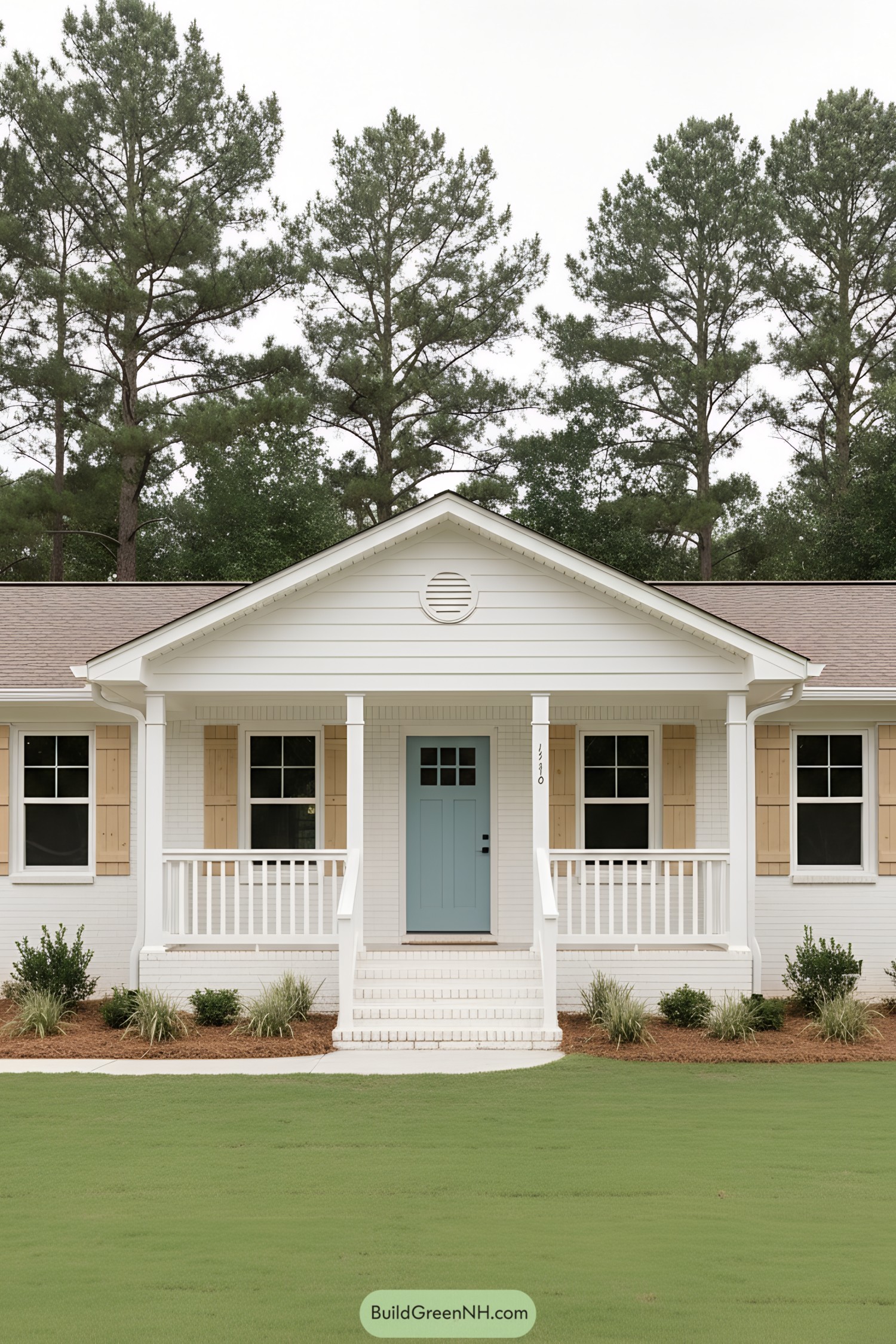 White brick ranch with teal door and natural wood shutters