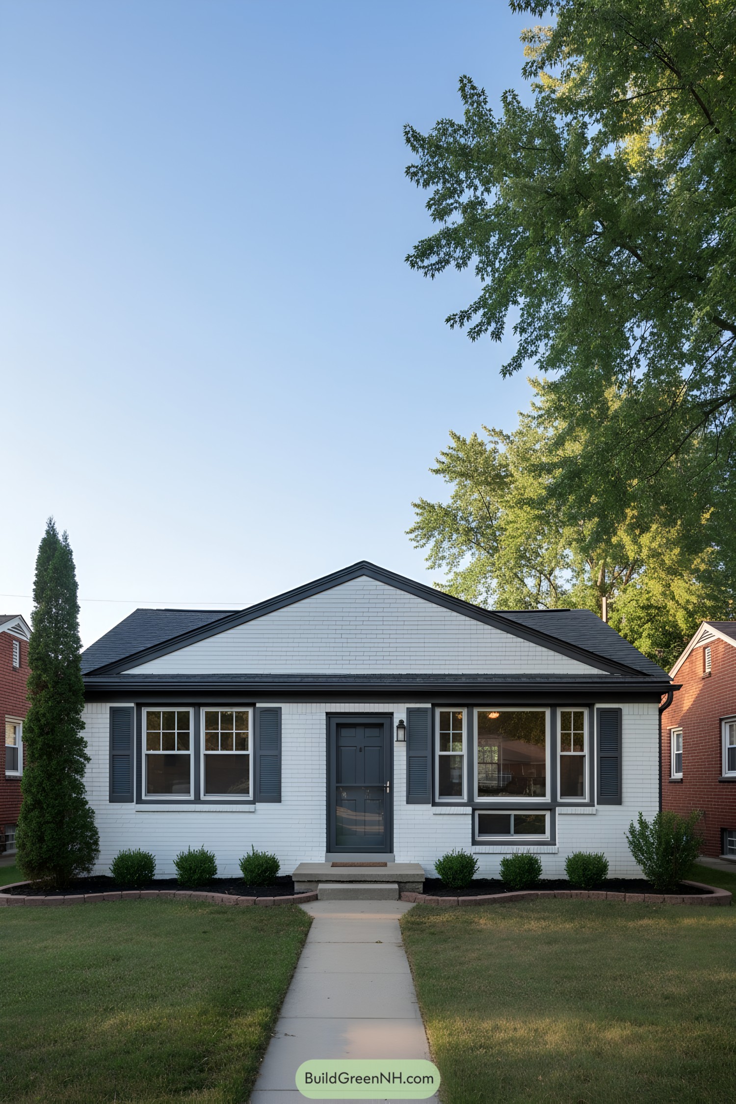 White brick ranch with dark shutters and gable roof