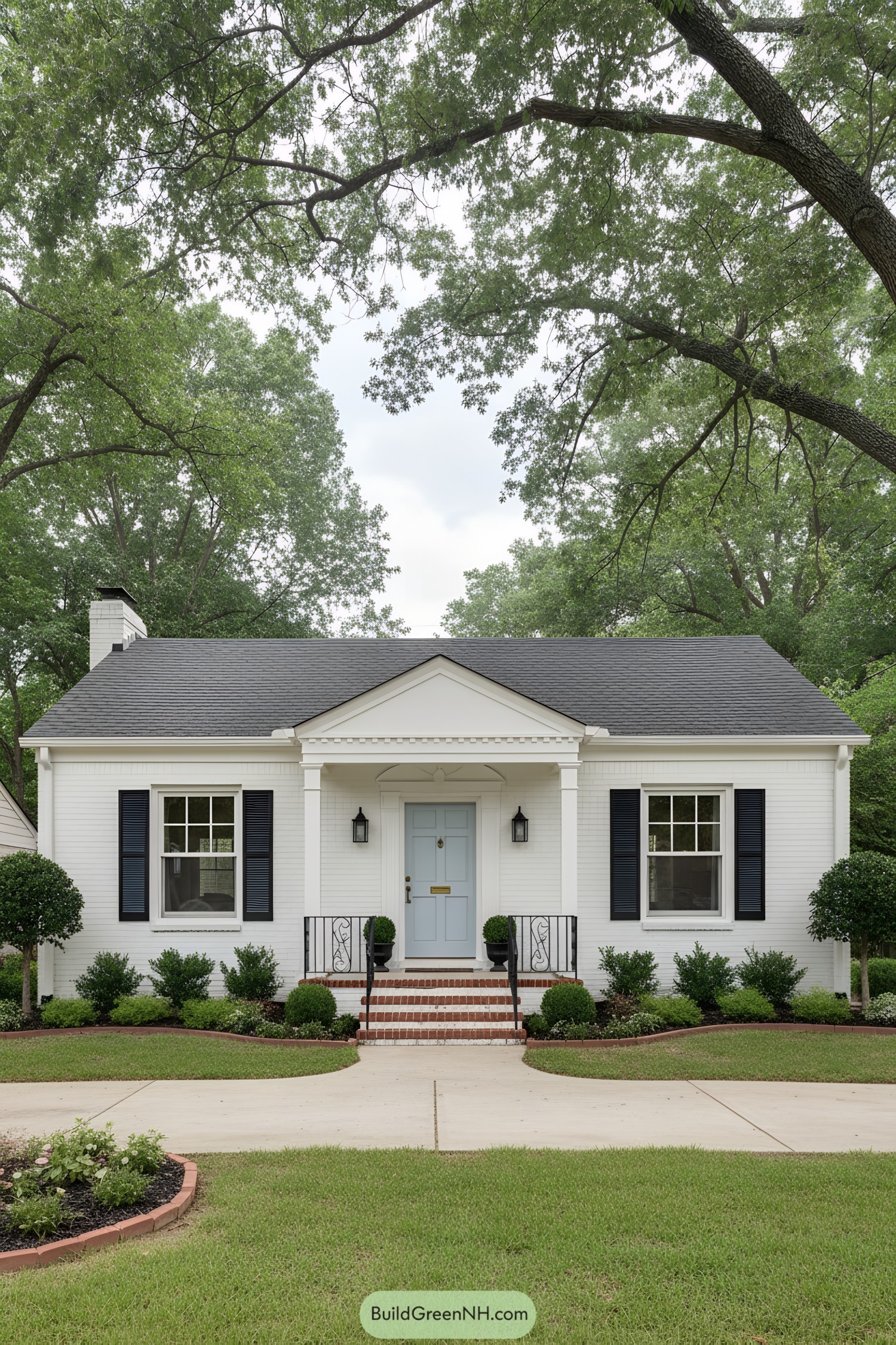 White brick ranch with blue door and black shutters