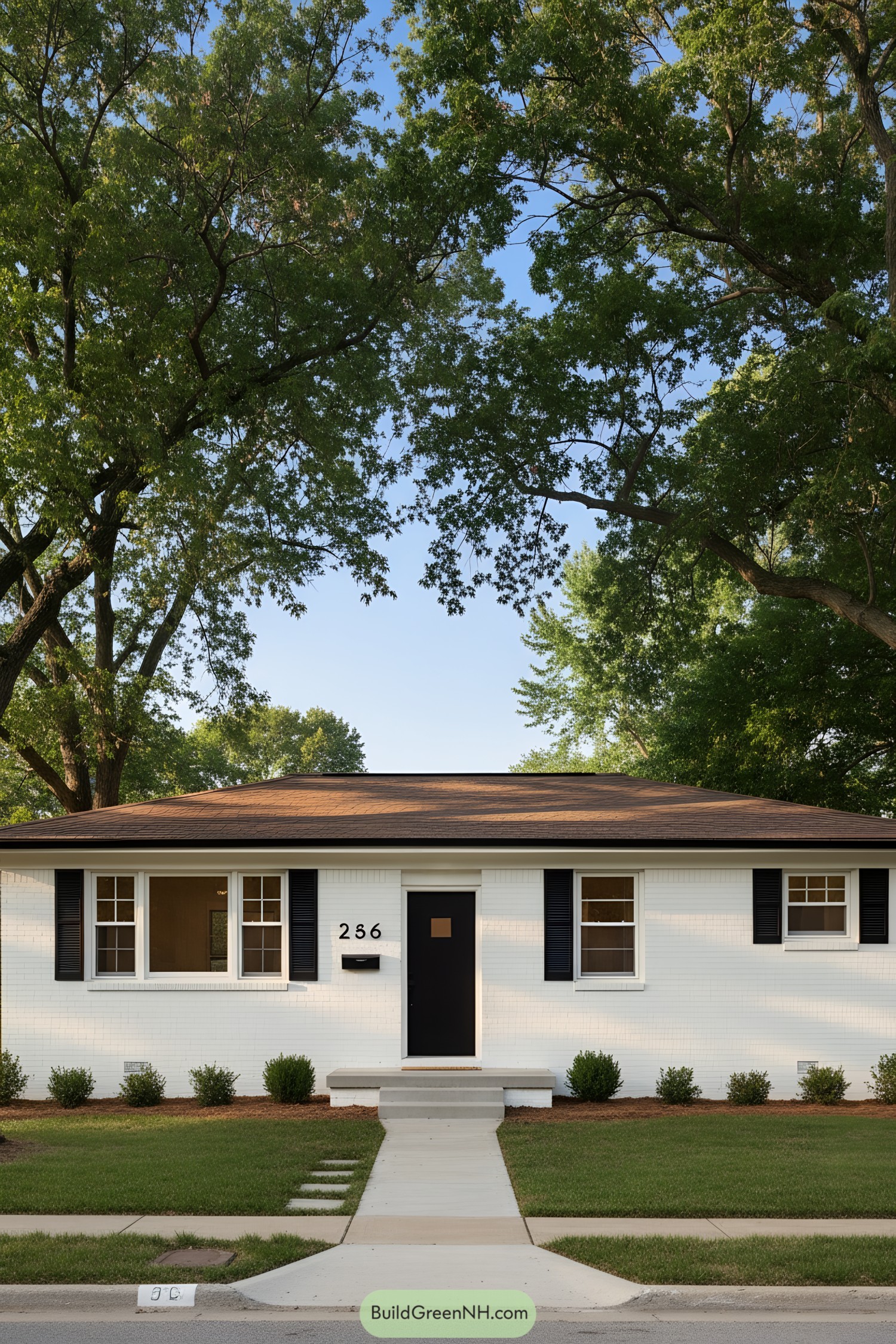 White brick ranch with black shutters and centered dark door under mature trees