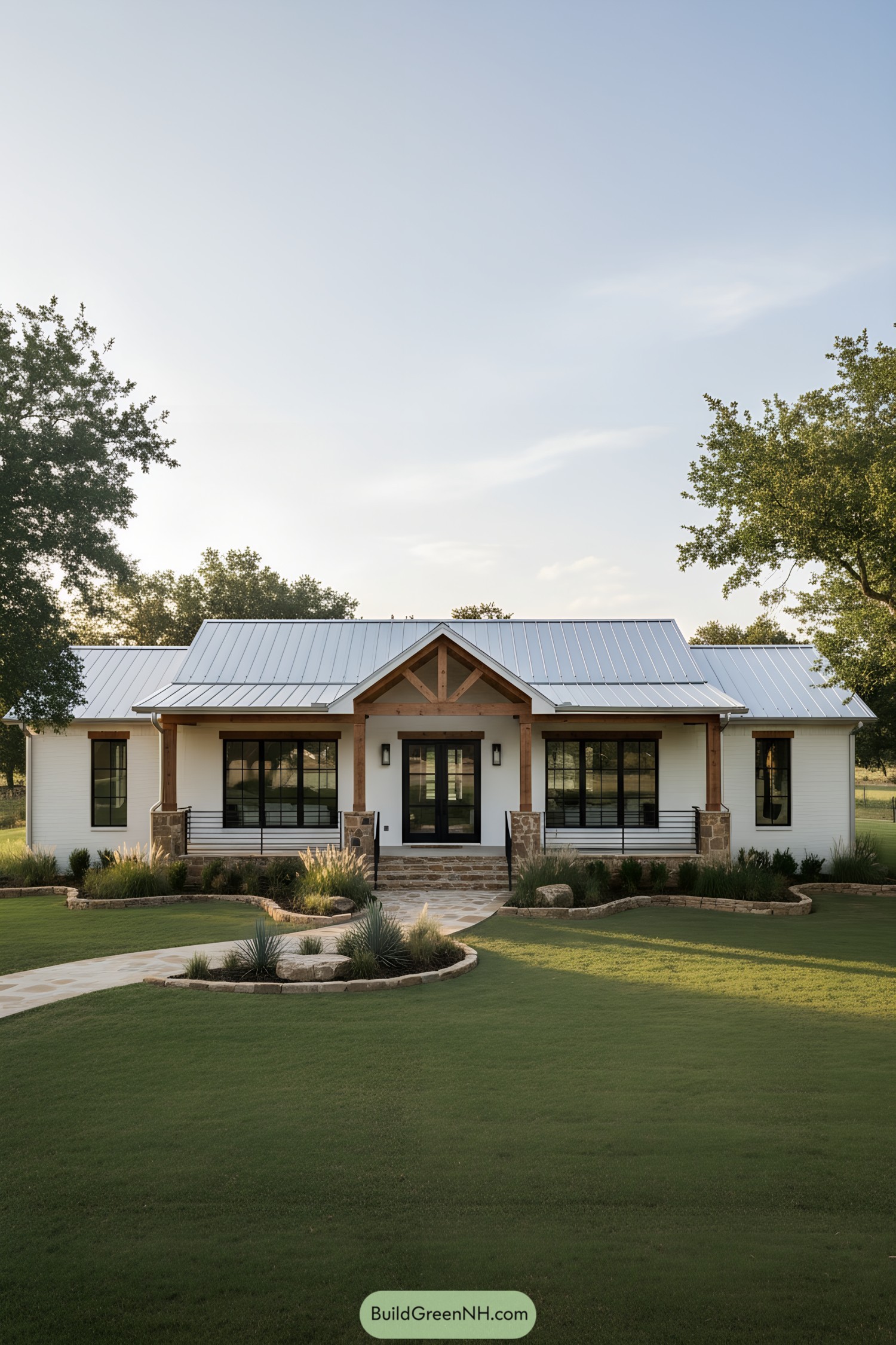 White brick ranch with metal roof, timber porch beams, black windows, and curving stone walkway