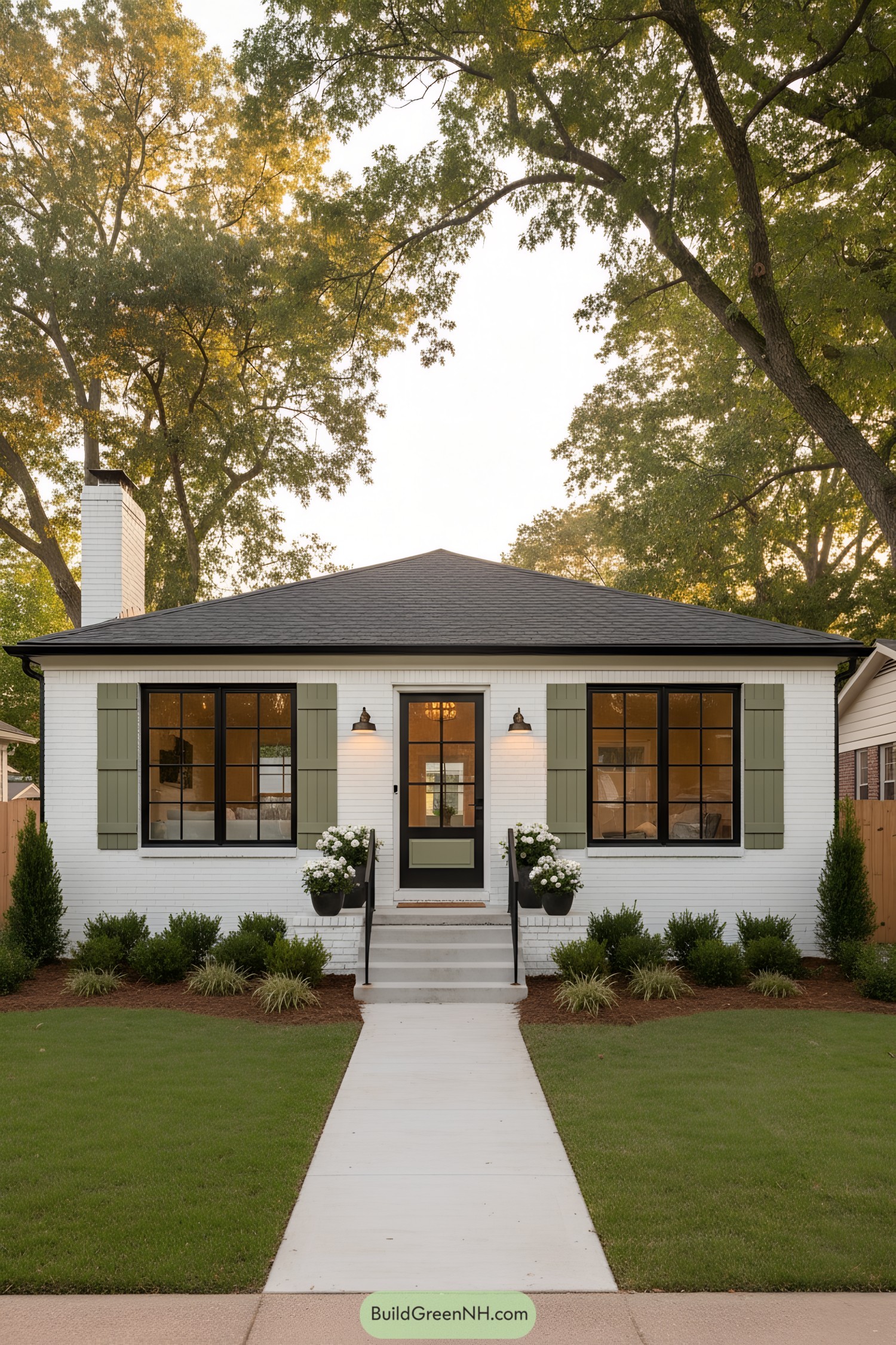 White brick ranch with olive shutters, black windows, and a centered glass door flanked by sconces and planters