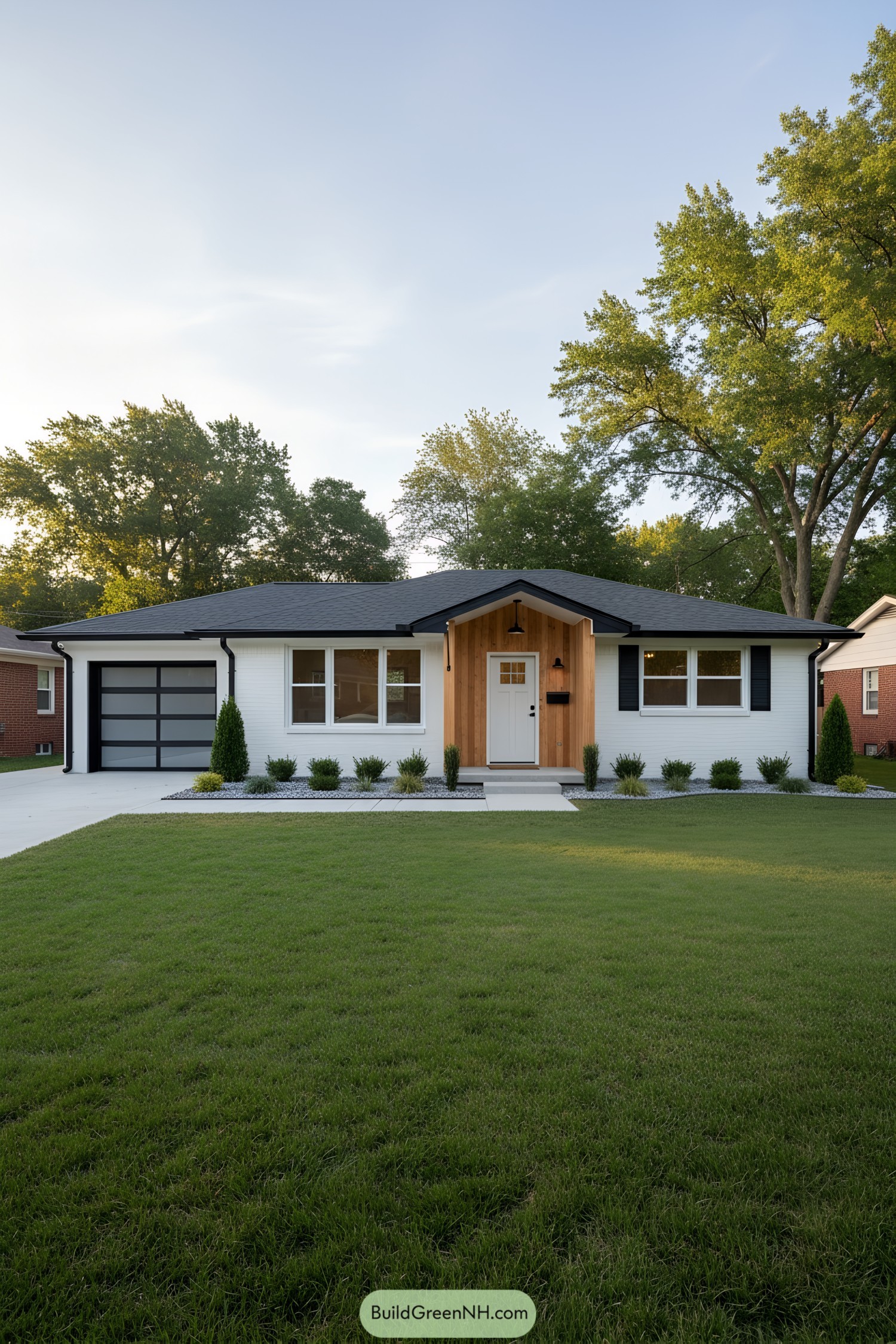 White brick ranch with cedar entry, black roof, glass garage door, and neat shrub border